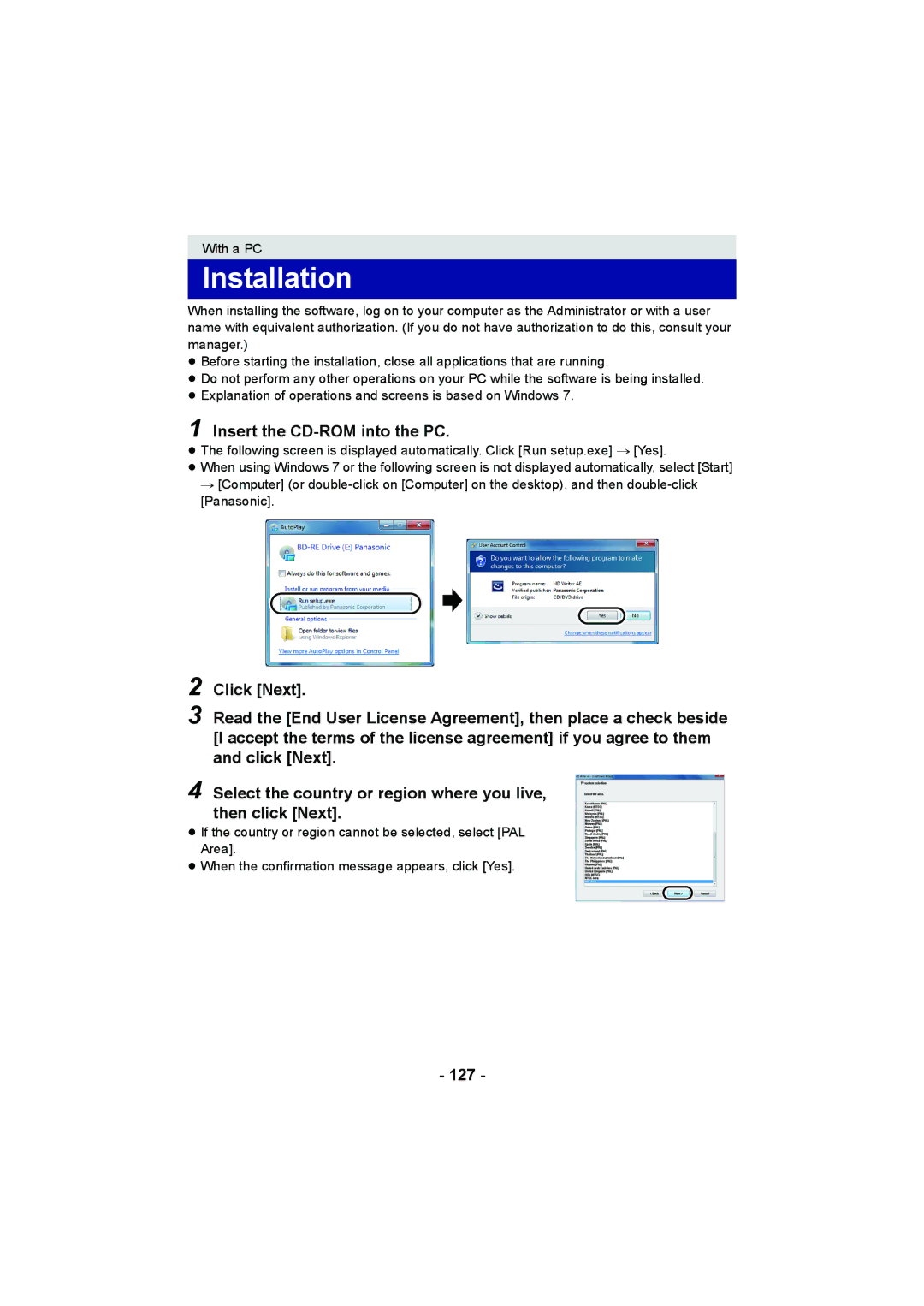 Panasonic HDC-TM900, HDC-HS900, HDC-SD900 operating instructions Installation, Insert the CD-ROM into the PC, 127 