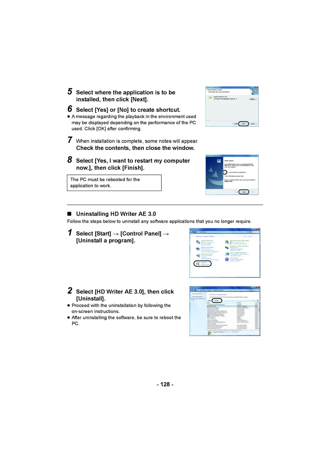 Panasonic HDC-SD900, HDC-HS900, HDC-TM900 operating instructions Uninstalling HD Writer AE, 128 