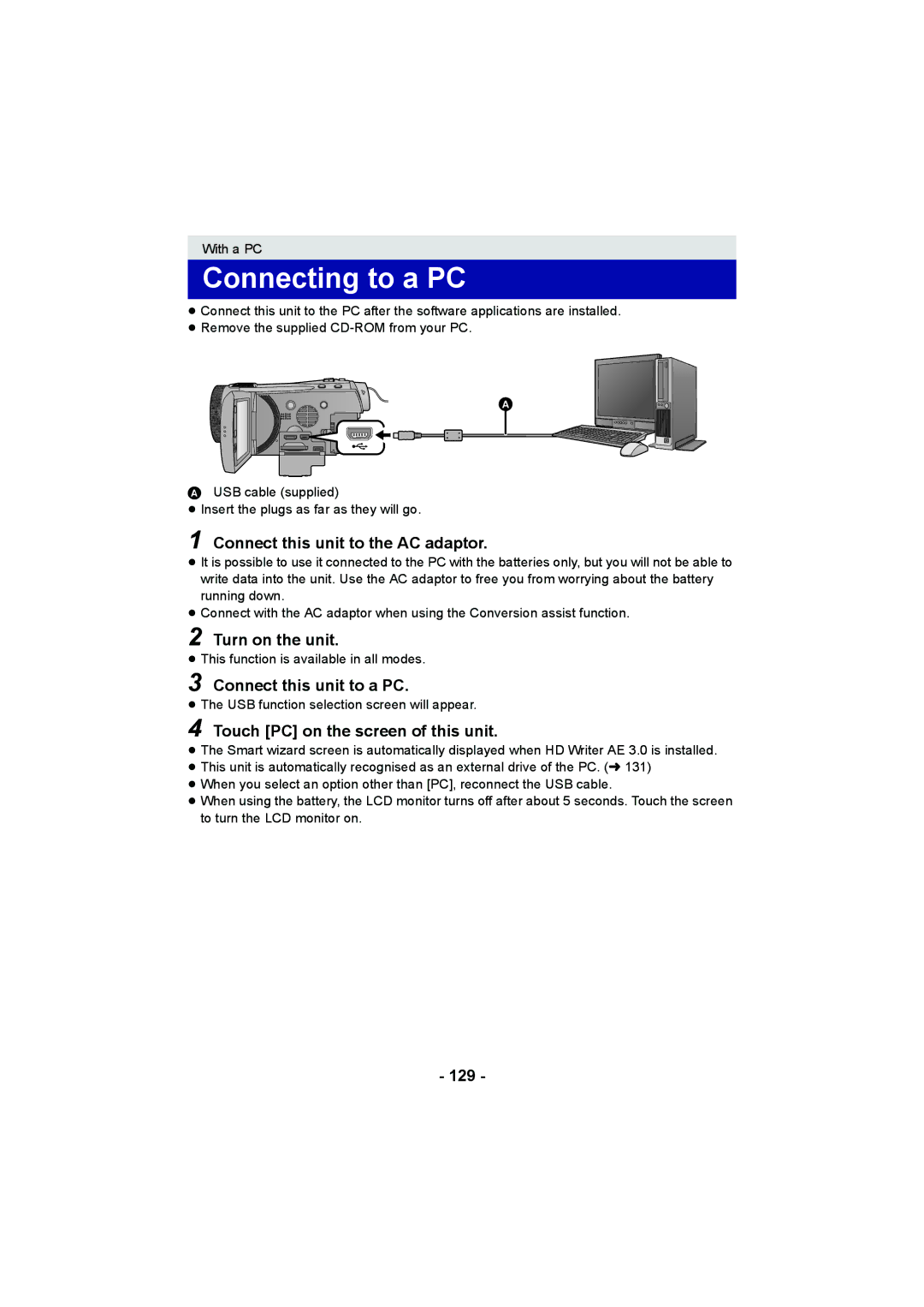 Panasonic HDC-HS900, HDC-TM900 Connecting to a PC, Connect this unit to the AC adaptor, Connect this unit to a PC, 129 