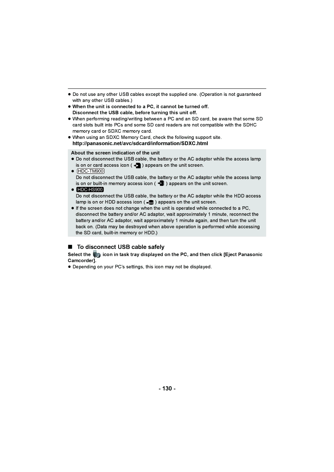 Panasonic HDC-TM900, HDC-HS900, HDC-SD900 operating instructions To disconnect USB cable safely, 130 