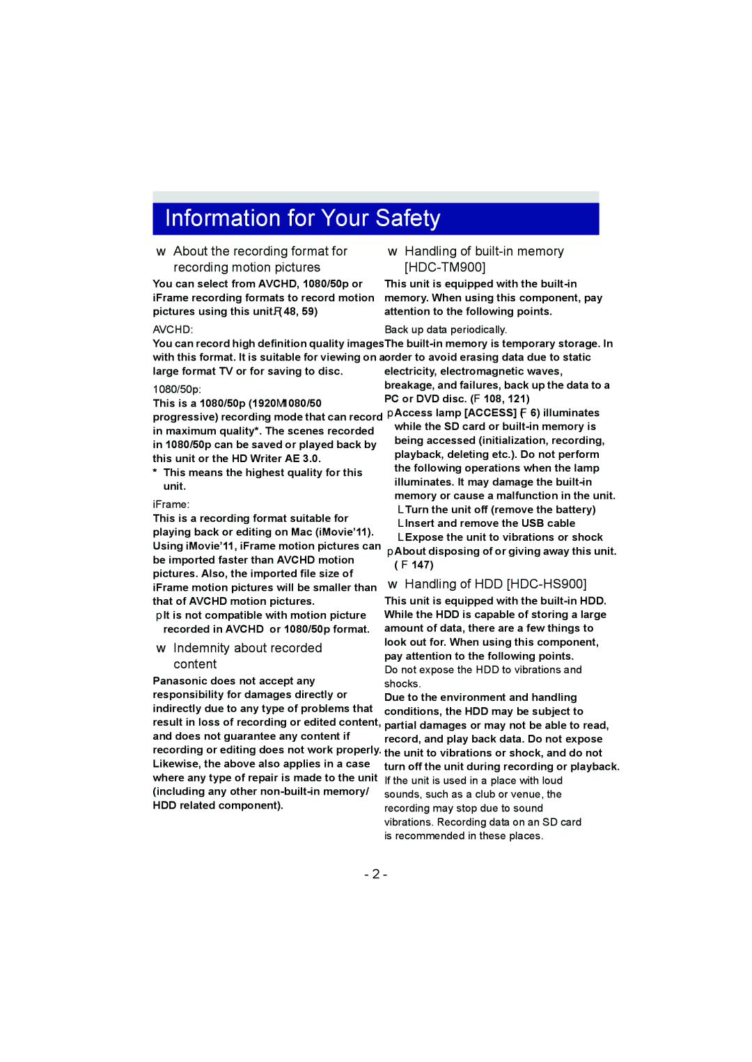 Panasonic HDC-SD900, HDC-HS900 Information for Your Safety, About the recording format for Recording motion pictures 