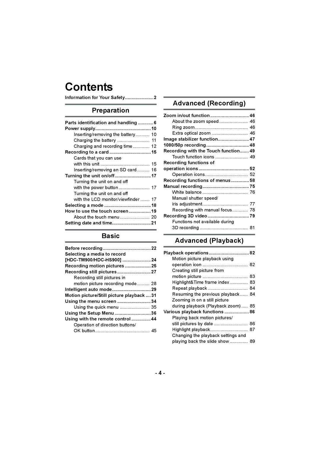 Panasonic HDC-TM900, HDC-HS900, HDC-SD900 operating instructions Contents 