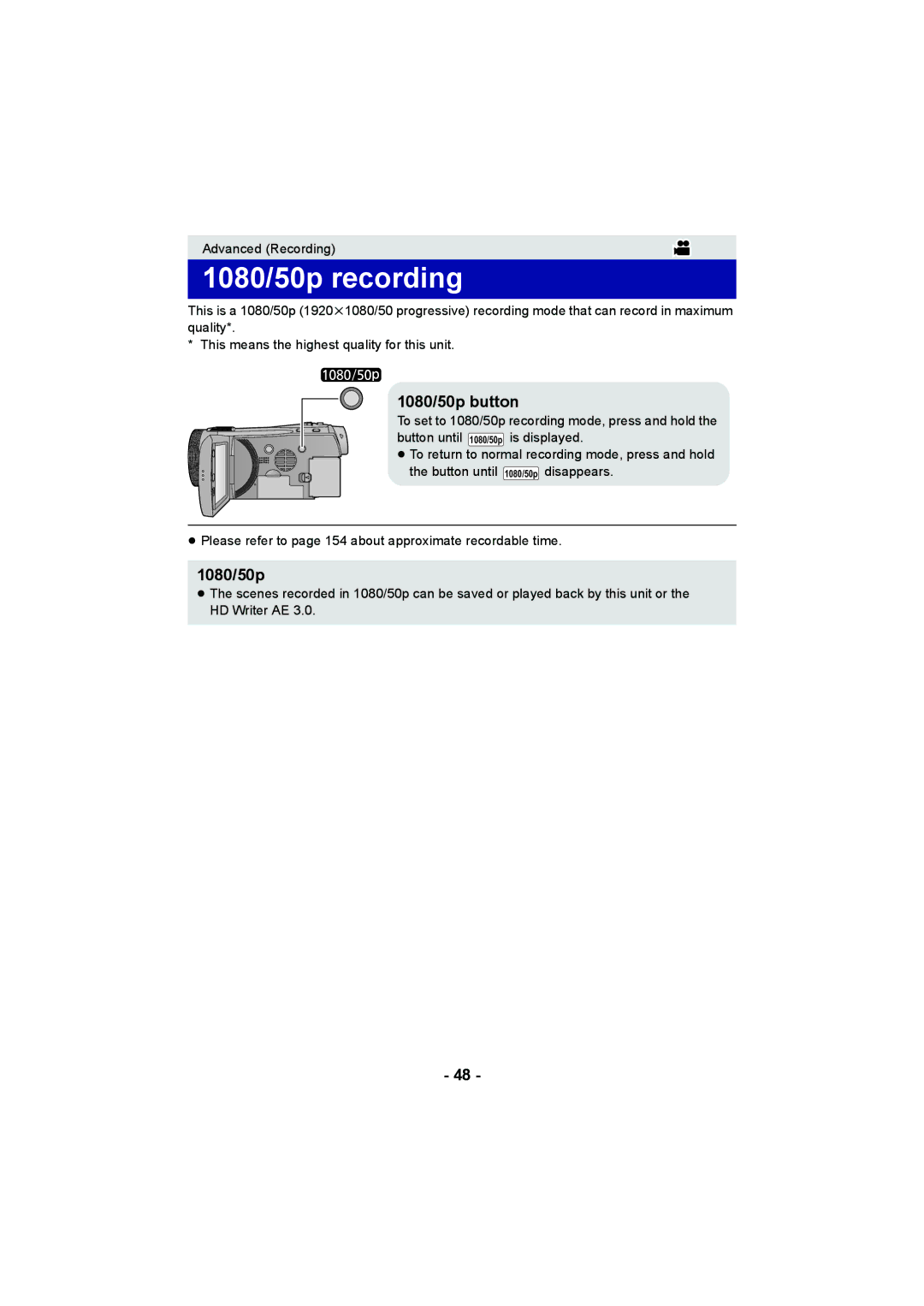 Panasonic HDC-HS900, HDC-TM900, HDC-SD900 operating instructions 1080/50p recording, 1080/50p button 