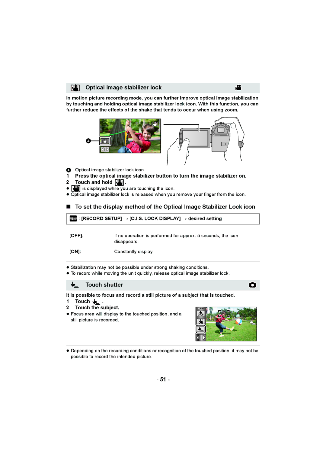 Panasonic HDC-HS900, HDC-TM900, HDC-SD900 operating instructions Optical image stabilizer lock, Touch shutter, Touch Subject 