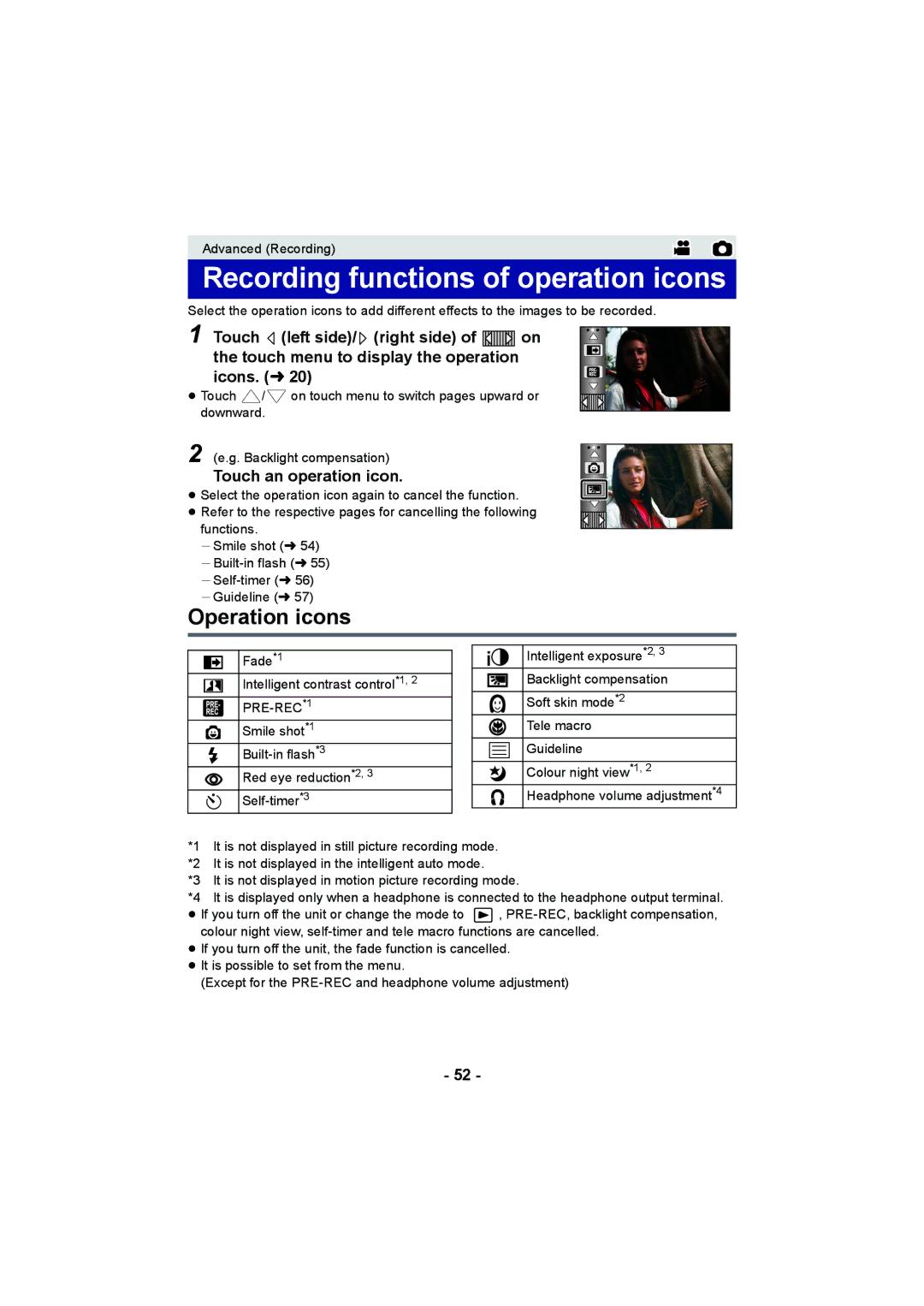 Panasonic HDC-TM900, HDC-HS900, HDC-SD900 Recording functions of operation icons, Operation icons, Touch an operation icon 