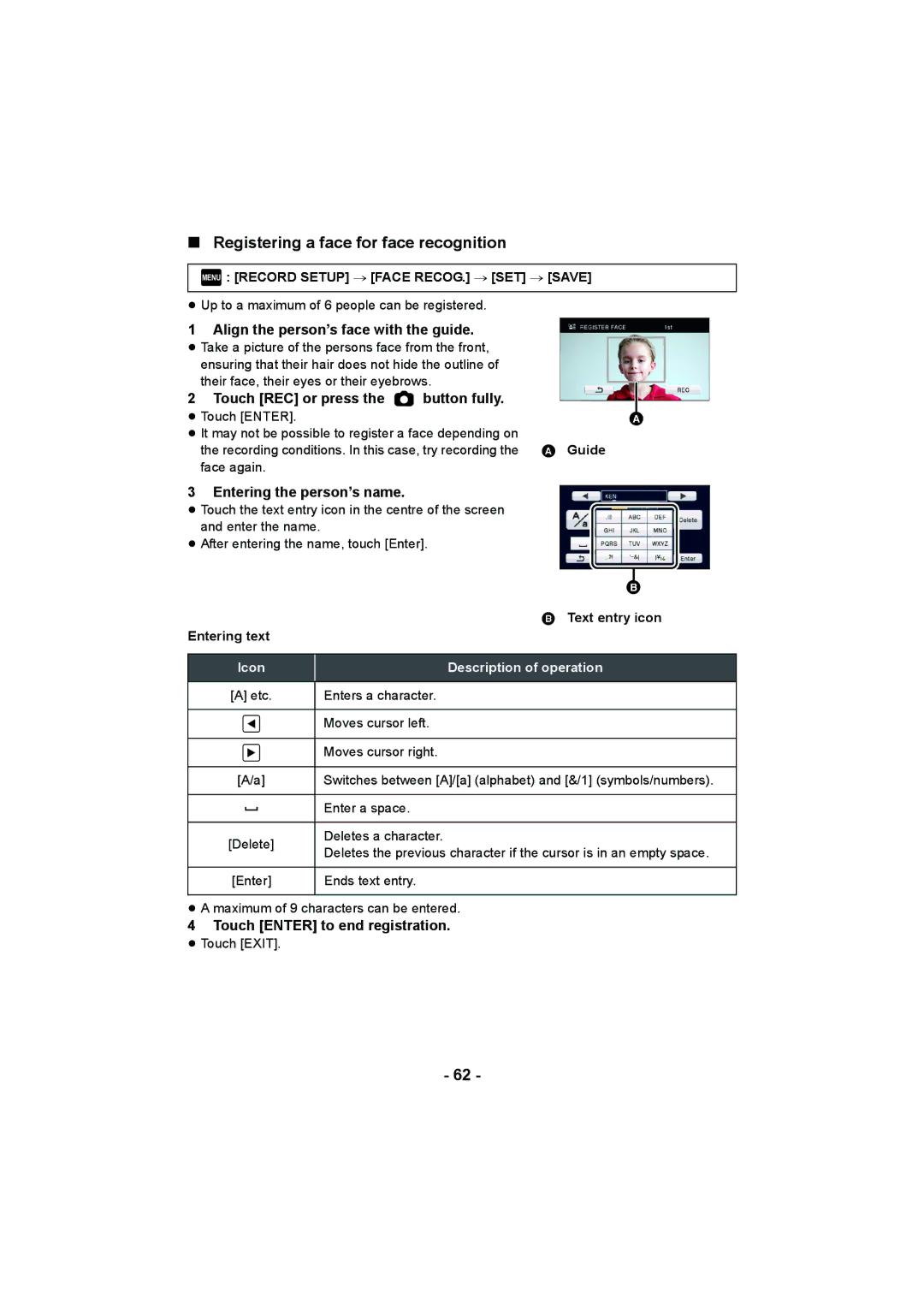 Panasonic HDC-SD900, HDC-HS900, HDC-TM900 Registering a face for face recognition, Align the person’s face with the guide 