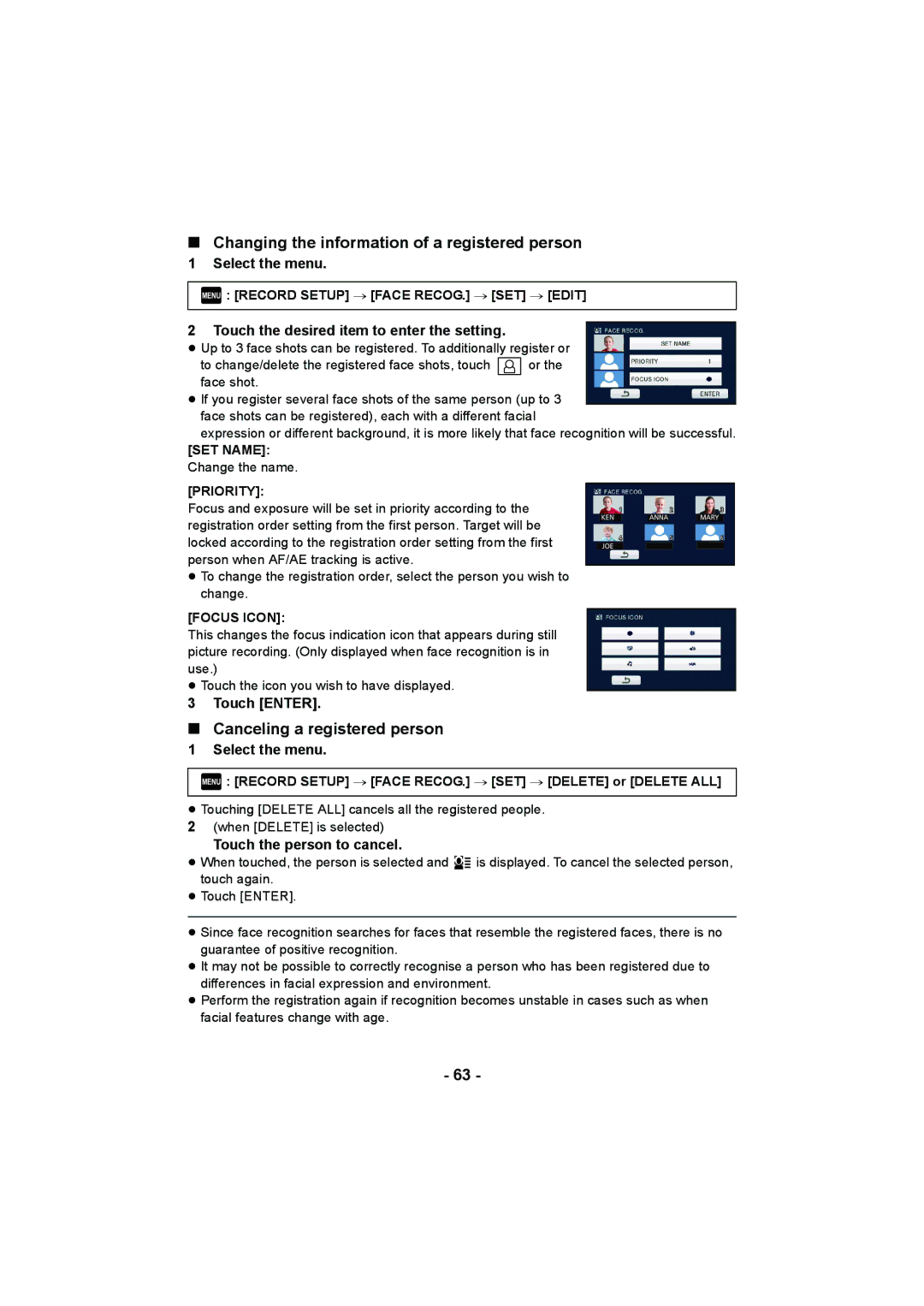 Panasonic HDC-HS900 Changing the information of a registered person, Canceling a registered person, Select the menu 