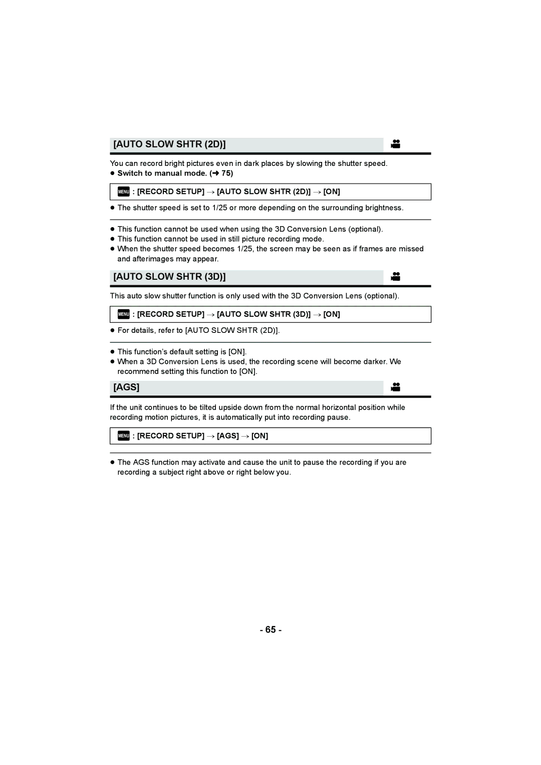 Panasonic HDC-SD900, HDC-HS900, HDC-TM900 operating instructions Auto Slow Shtr 2D, Auto Slow Shtr 3D, Ags 