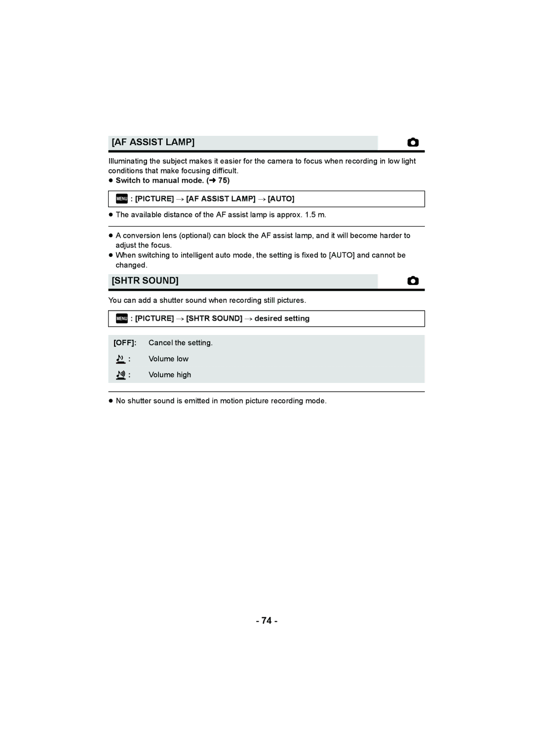 Panasonic HDC-SD900, HDC-HS900 Menu Picture # AF Assist Lamp # Auto, Menu Picture # Shtr Sound # desired setting 