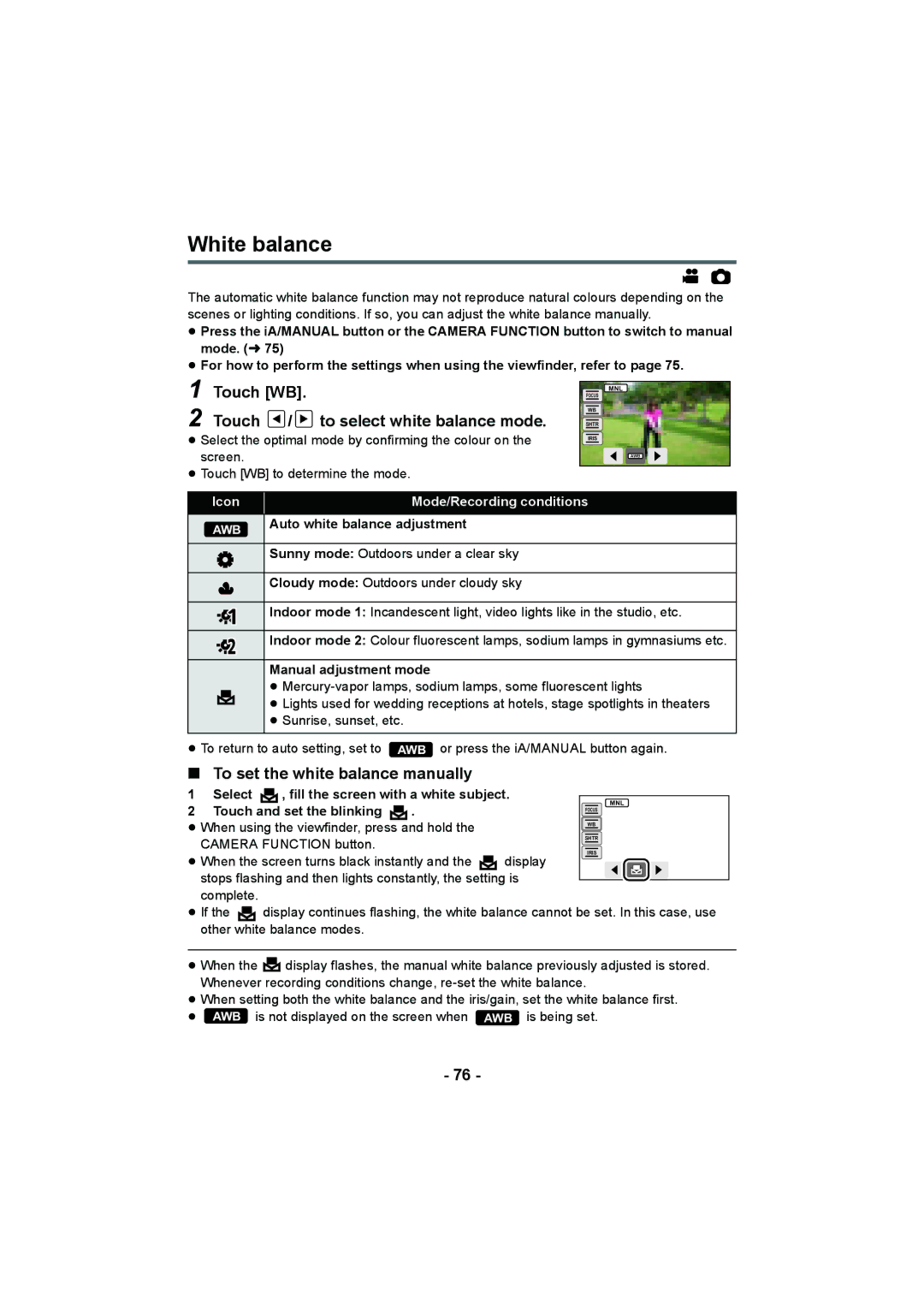 Panasonic HDC-TM900 White balance, Touch WB, Touch / to select white balance mode, To set the white balance manually 