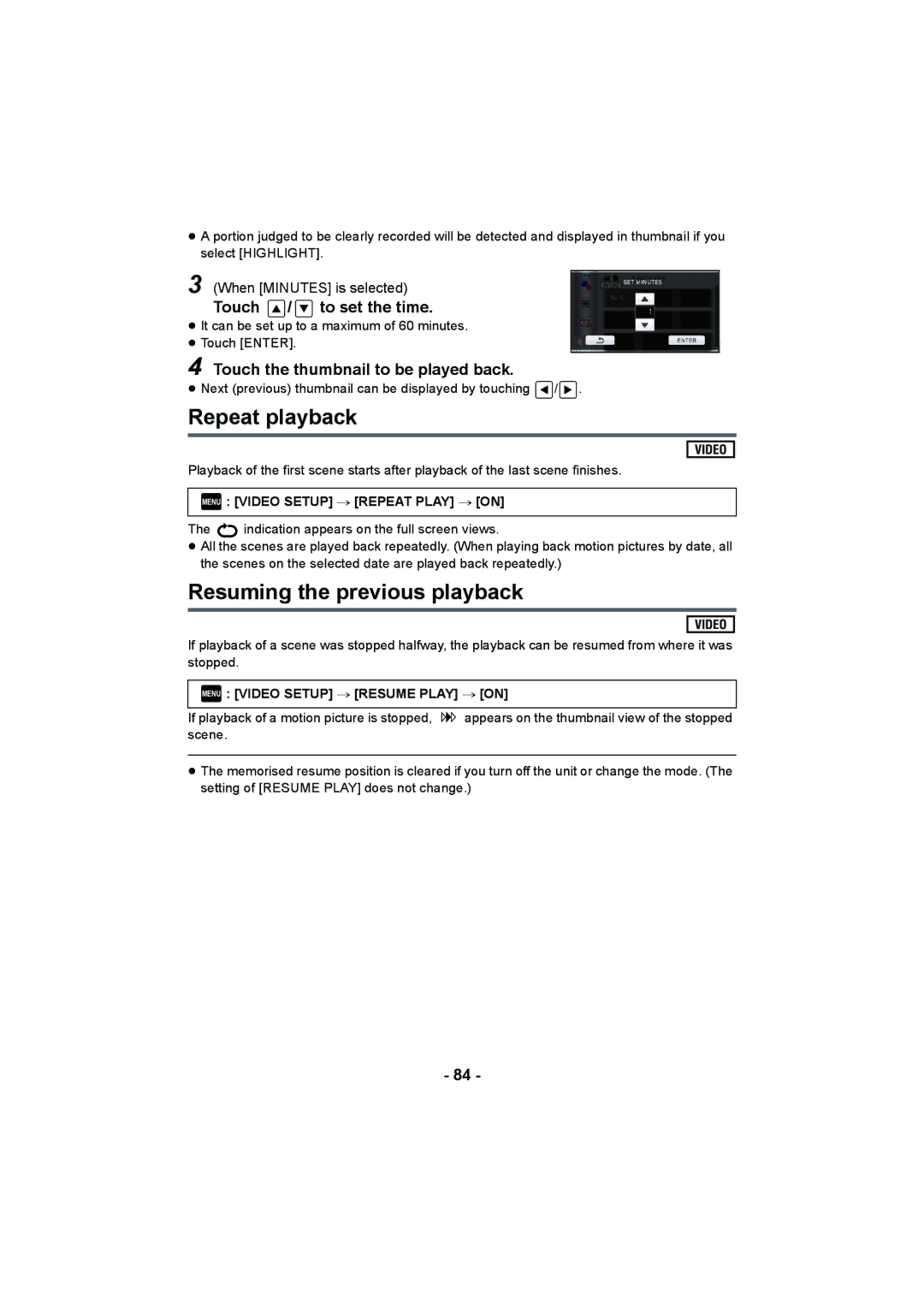 Panasonic HDC-HS900, HDC-TM900, HDC-SD900 Repeat playback, Resuming the previous playback, Touch / to set the time 