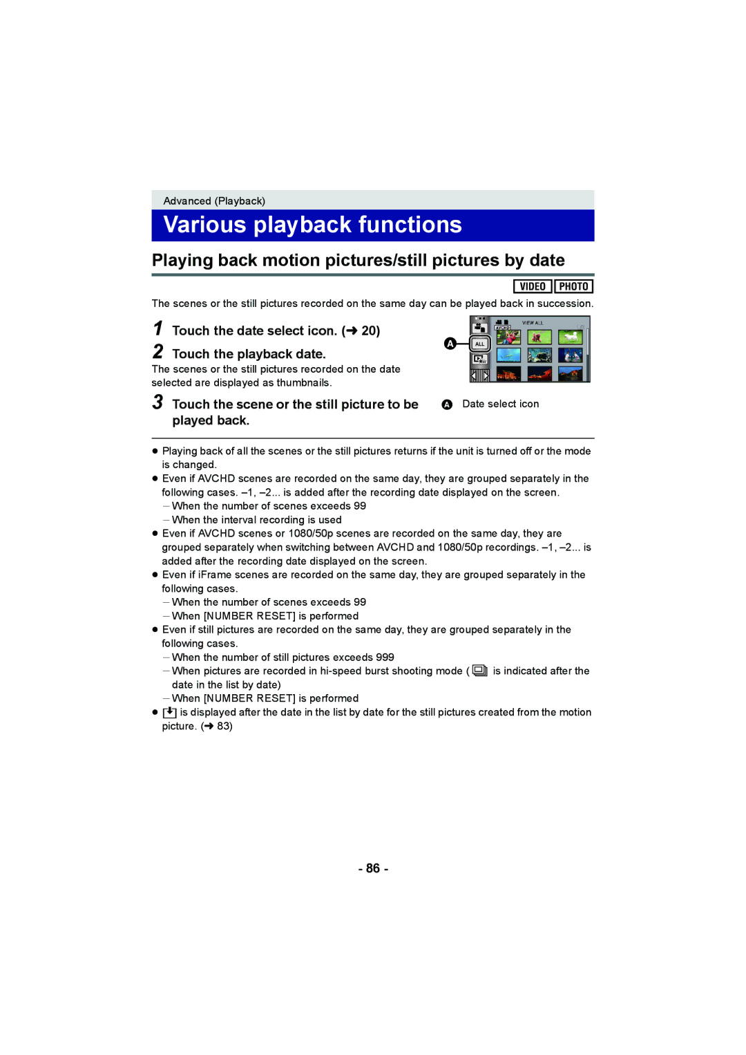 Panasonic HDC-SD900 Various playback functions, Playing back motion pictures/still pictures by date, Date select icon 