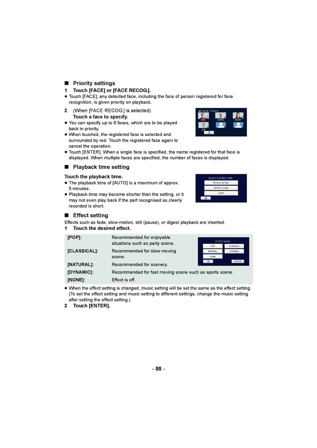 Panasonic HDC-TM900, HDC-HS900, HDC-SD900 operating instructions Priority settings, Playback time setting, Effect setting 