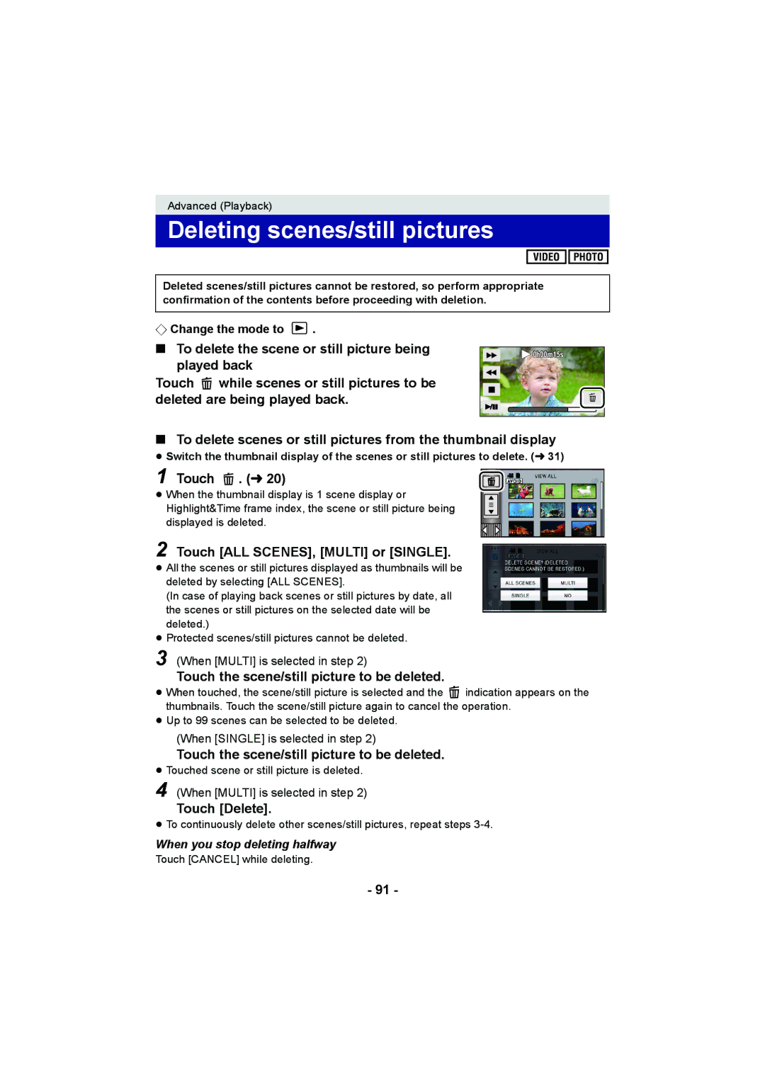 Panasonic HDC-TM900, HDC-HS900, HDC-SD900 Deleting scenes/still pictures, Touch ALL SCENES, Multi or Single, Touch Delete 