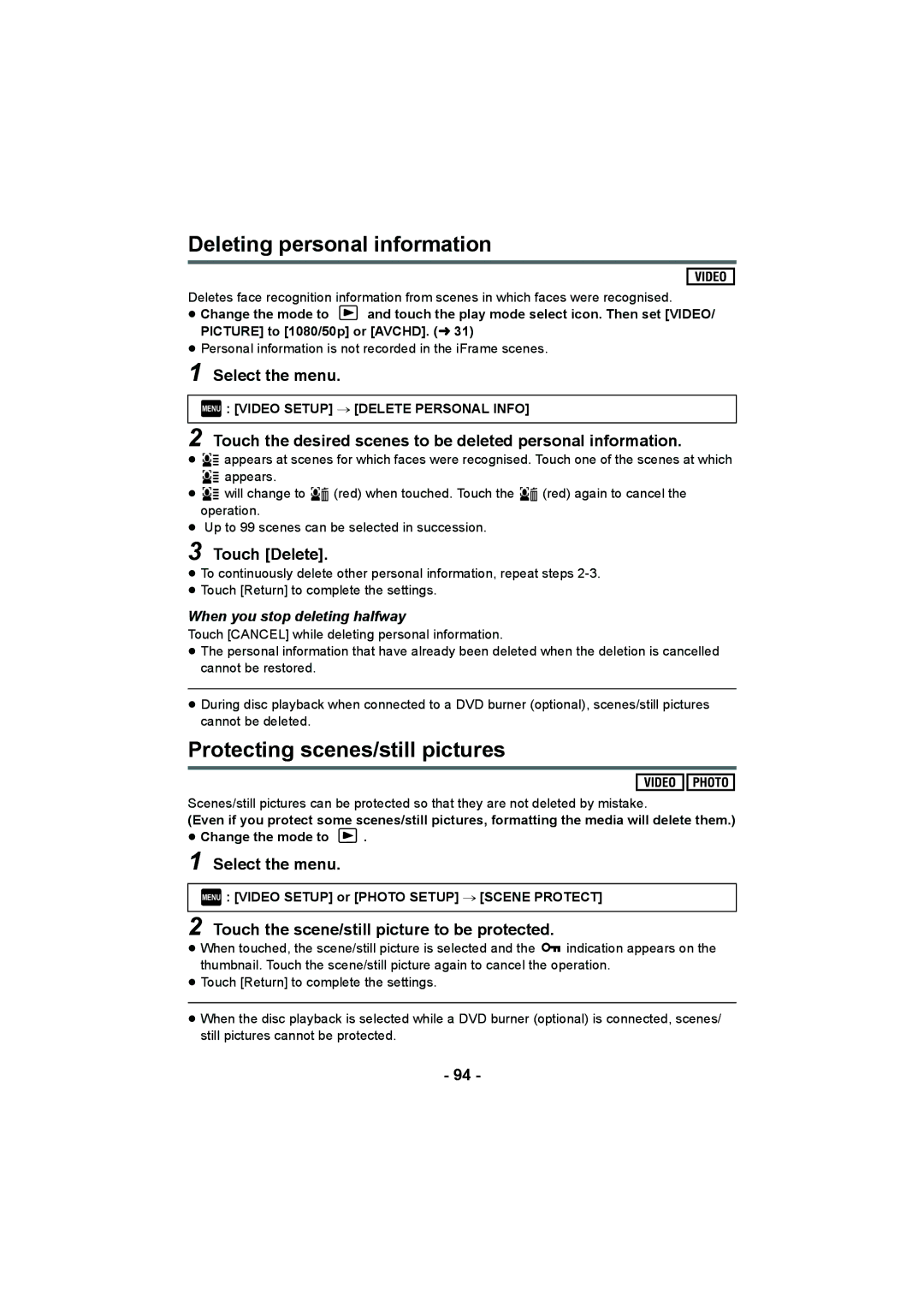 Panasonic HDC-TM900, HDC-HS900, HDC-SD900 Deleting personal information, Protecting scenes/still pictures 