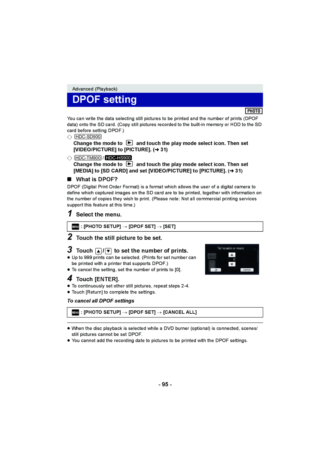 Panasonic HDC-SD900, HDC-HS900, HDC-TM900 Dpof setting, What is DPOF?, Menu Photo Setup # Dpof SET # SET 