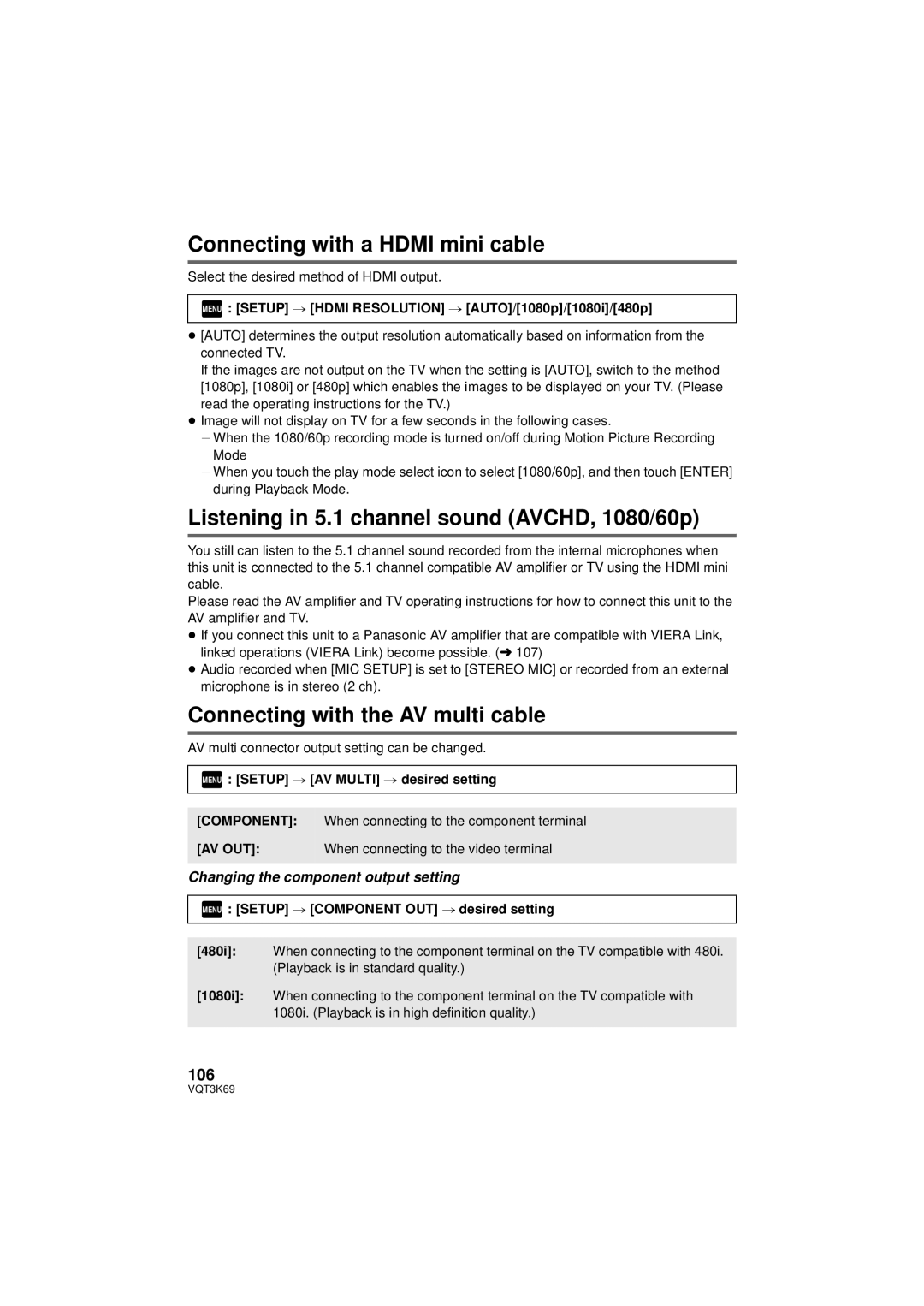 Panasonic HDC-HS900P/PC owner manual Connecting with a Hdmi mini cable, Listening in 5.1 channel sound AVCHD, 1080/60p, 106 