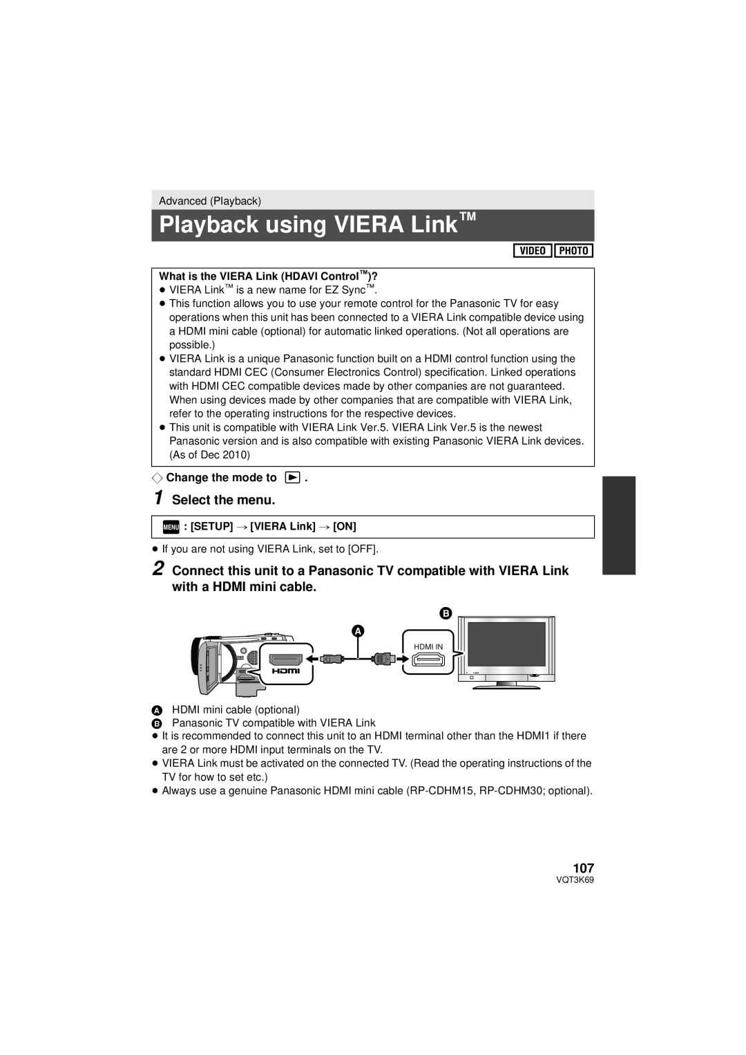 Panasonic HDC-TM900P/PC, HDC-HS900P/PC owner manual Playback using Viera Link, 107, What is the Viera Link Hdavi Control? 