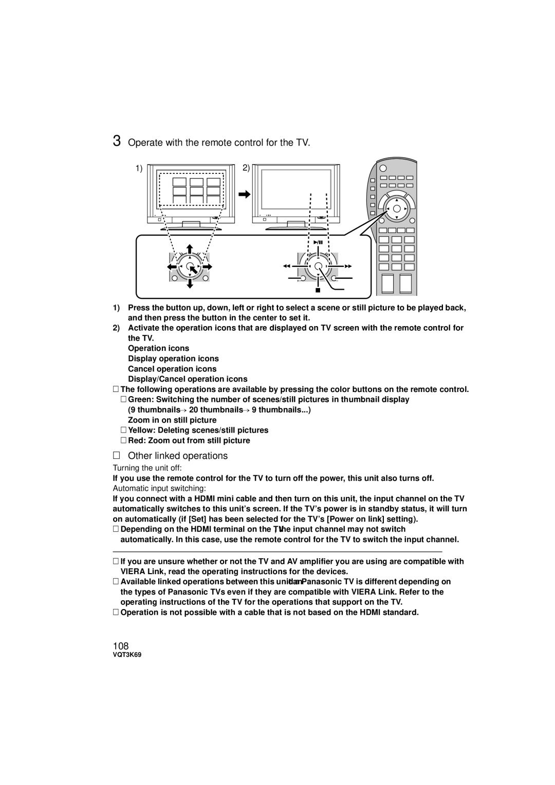 Panasonic HDC-HS900P/PC Operate with the remote control for the TV, Other linked operations, 108, Turning the unit off 