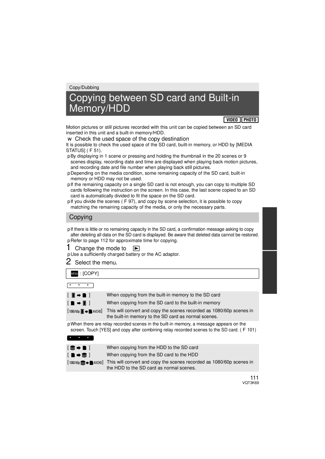 Panasonic HDC-TM900P/PC Copying between SD card and Built-in Memory/HDD, Check the used space of the copy destination, 111 