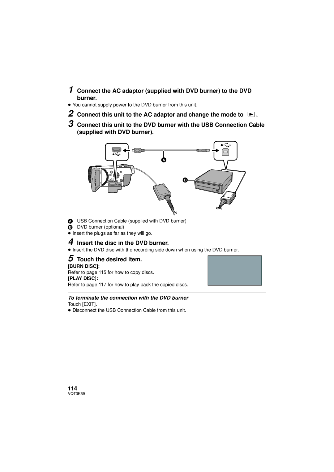 Panasonic HDC-HS900P/PC owner manual Insert the disc in the DVD burner, Touch the desired item, 114, Burn Disc, Play Disc 