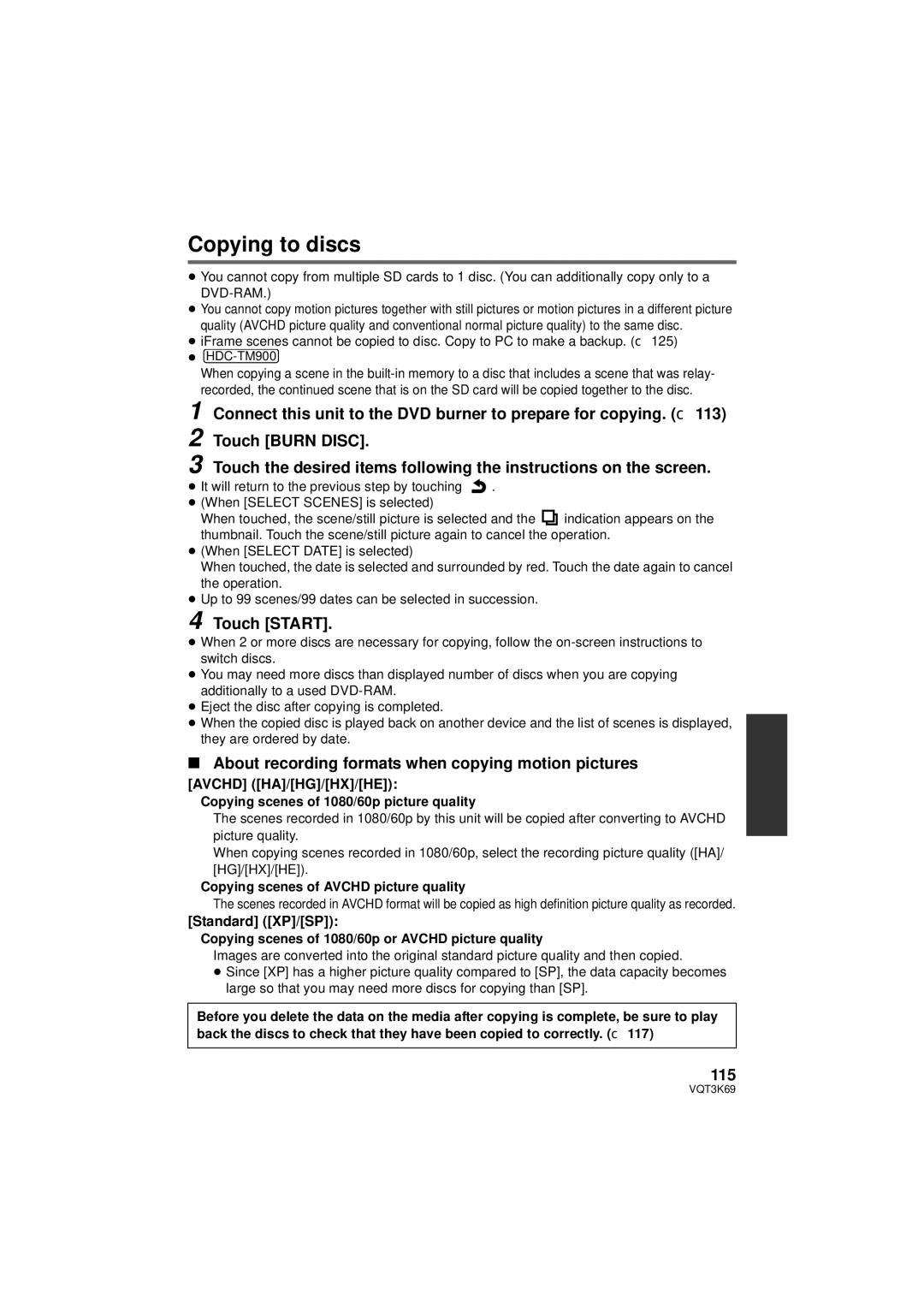 Panasonic HDC-TM900P/PC Copying to discs, About recording formats when copying motion pictures, 115, Avchd HA/HG/HX/HE 