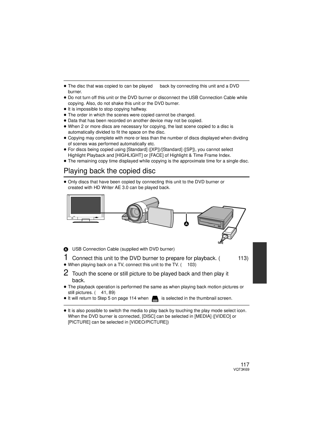 Panasonic HDC-TM900P/PC, HDC-HS900P/PC Playing back the copied disc, 117, USB Connection Cable supplied with DVD burner 