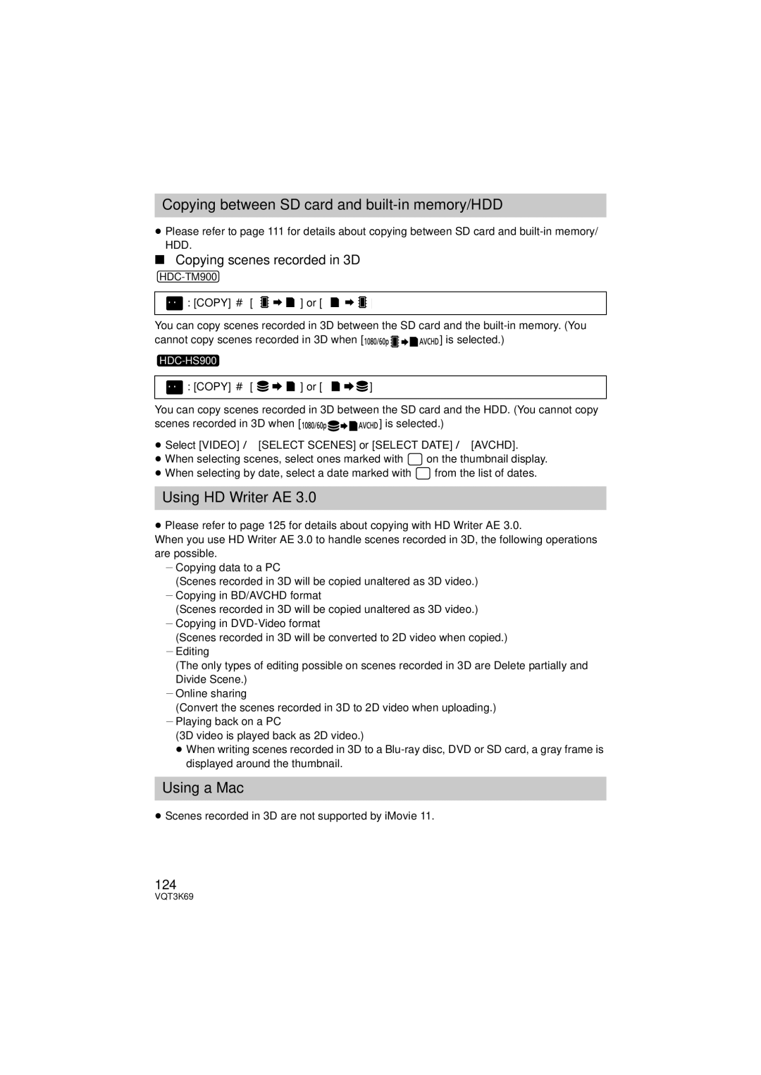 Panasonic HDC-HS900P/PC, HDC-TM900P/PC owner manual Copying scenes recorded in 3D, 124, Menu Copy # or 