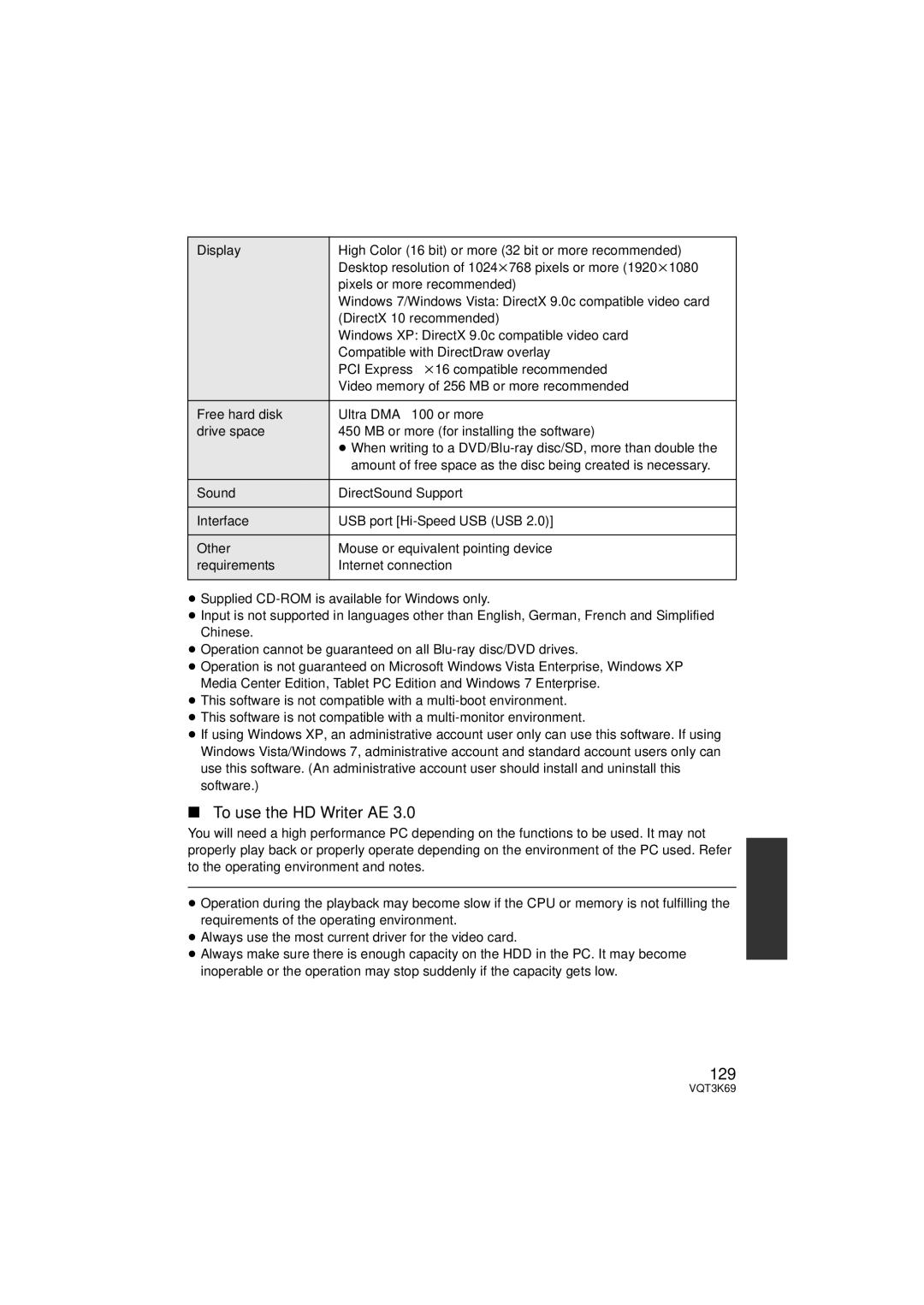 Panasonic HDC-TM900P/PC, HDC-HS900P/PC owner manual To use the HD Writer AE, 129 