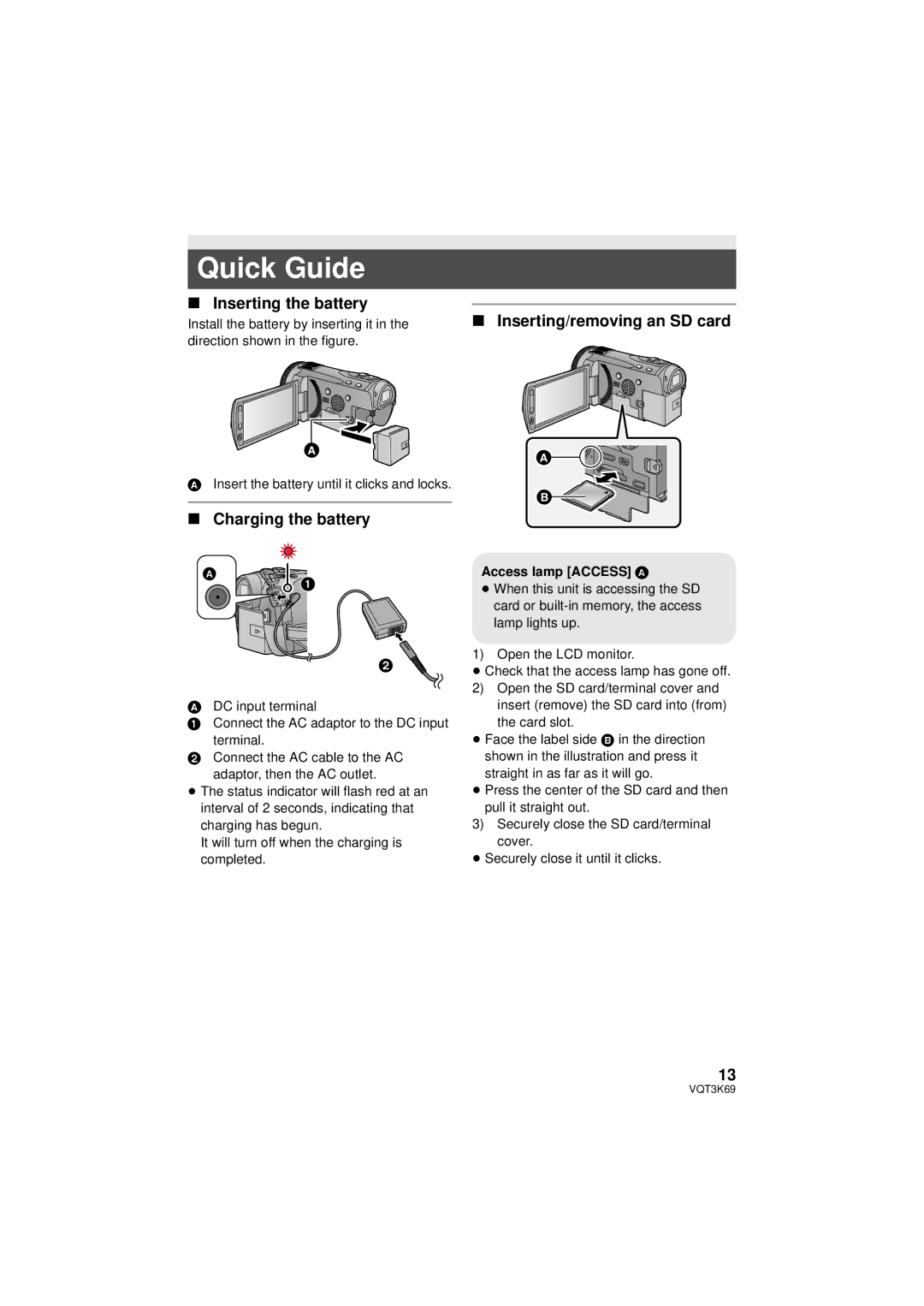 Panasonic HDC-TM900P/PC Quick Guide, Inserting the battery, Charging the battery, Inserting/removing an SD card 