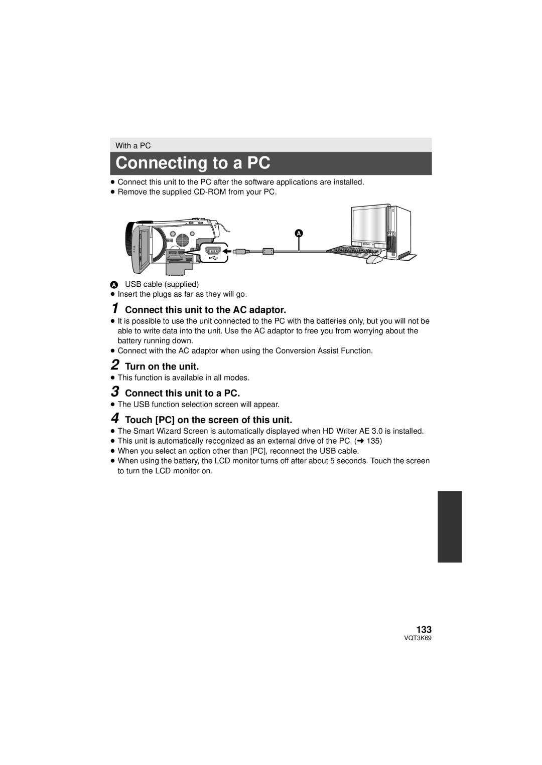 Panasonic HDC-TM900P/PC Connecting to a PC, Connect this unit to the AC adaptor, Connect this unit to a PC, 133 