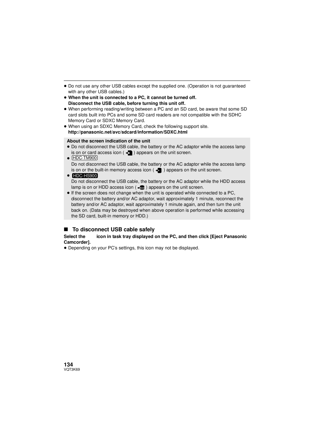 Panasonic HDC-HS900P/PC, HDC-TM900P/PC owner manual To disconnect USB cable safely, 134 