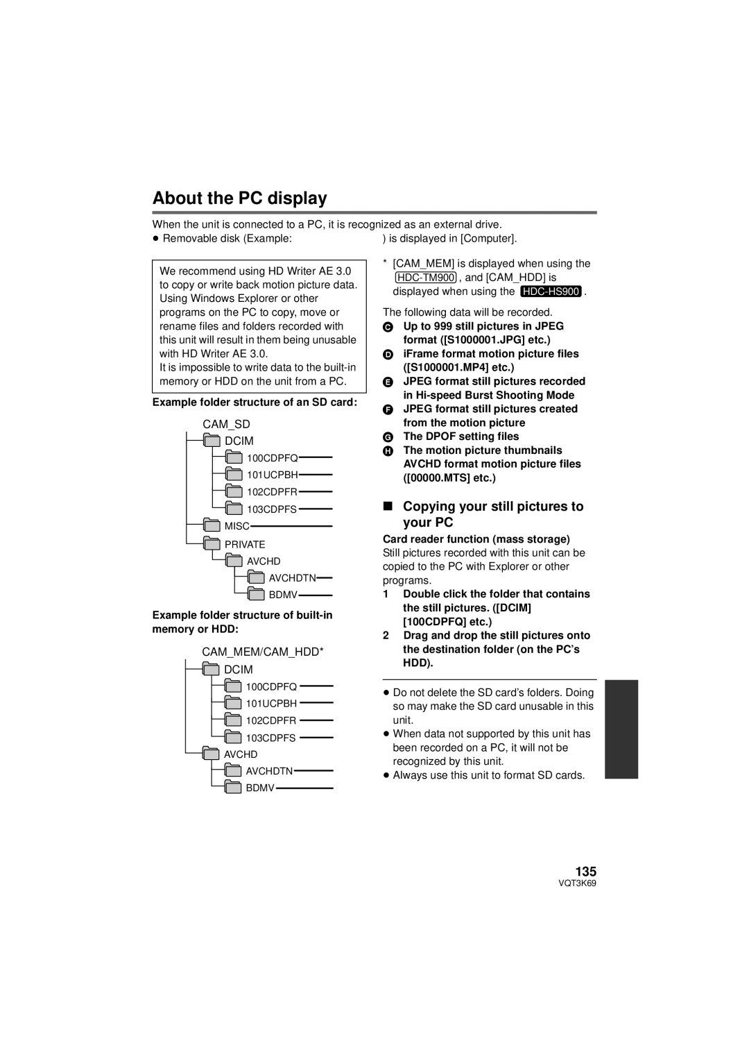 Panasonic HDC-TM900P/PC, HDC-HS900P/PC owner manual About the PC display, Copying your still pictures to Your PC, 135 