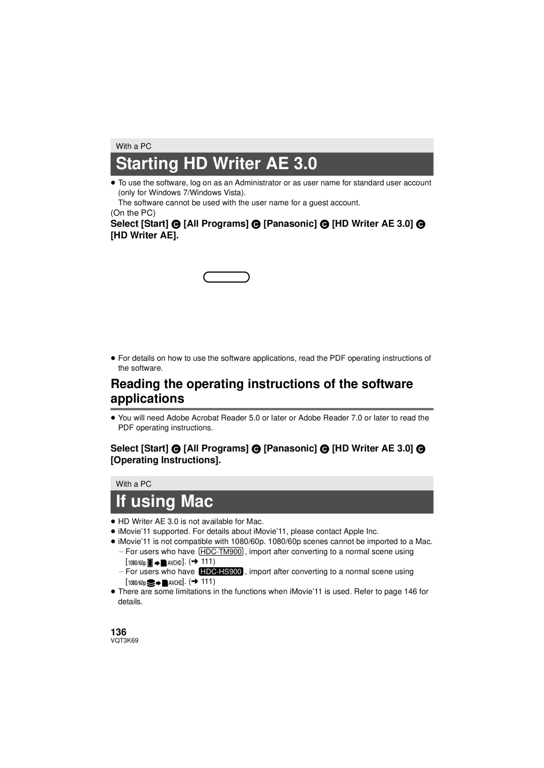 Panasonic HDC-HS900P/PC, HDC-TM900P/PC owner manual Starting HD Writer AE, If using Mac, 136 