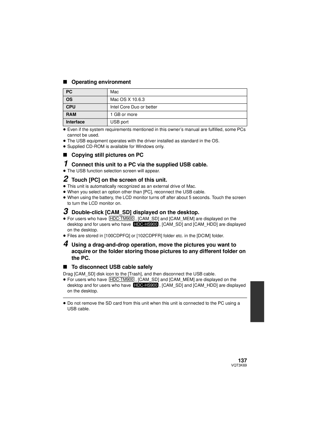 Panasonic HDC-TM900P/PC, HDC-HS900P/PC owner manual Operating environment, Double-click Camsd displayed on the desktop, 137 