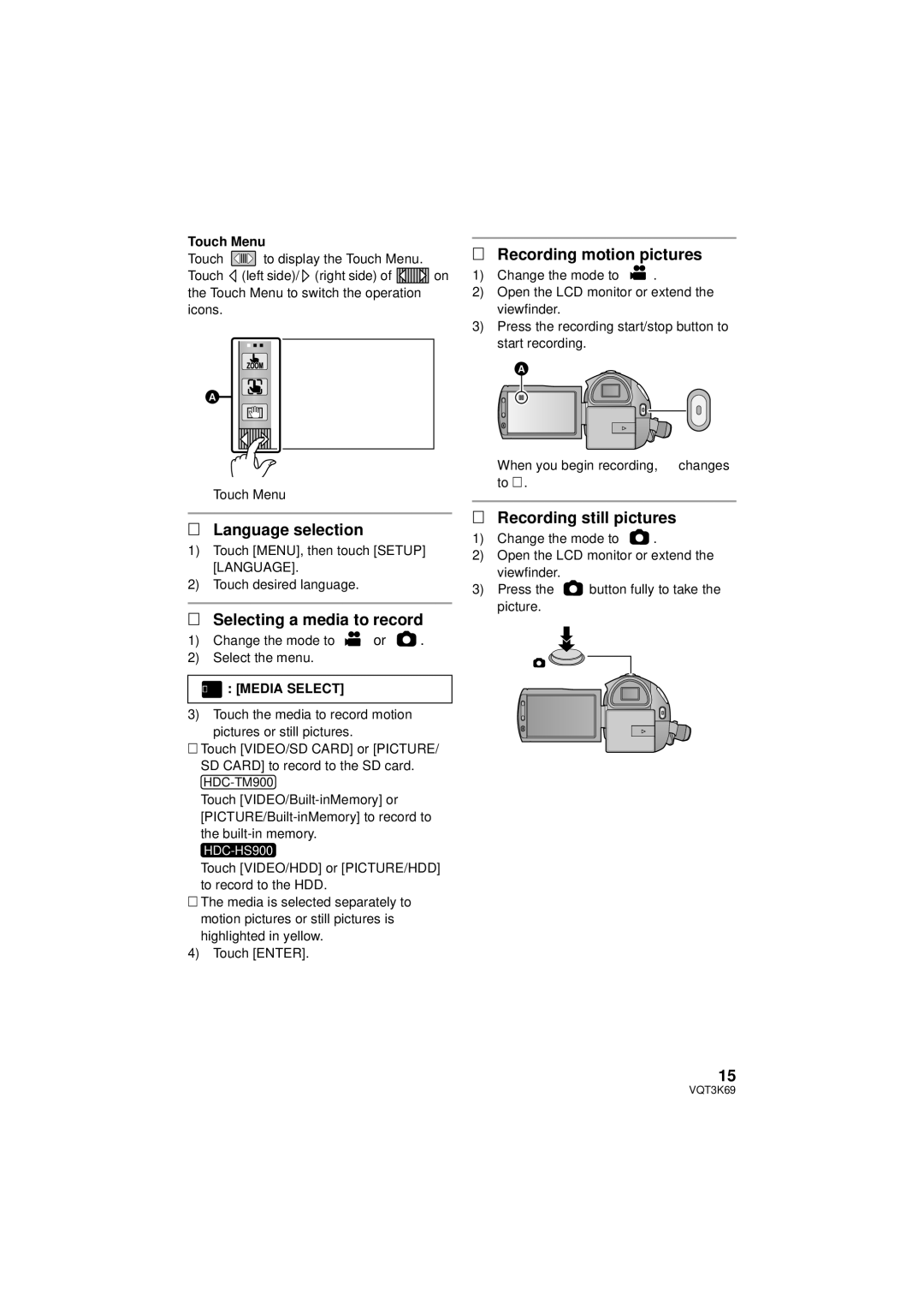 Panasonic HDC-TM900P/PC Recording motion pictures, Recording still pictures, Language selection, Menu Media Select 