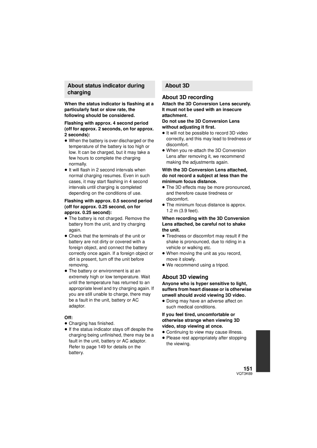 Panasonic HDC-TM900P/PC About status indicator during charging, About 3D About 3D recording, About 3D viewing, 151 