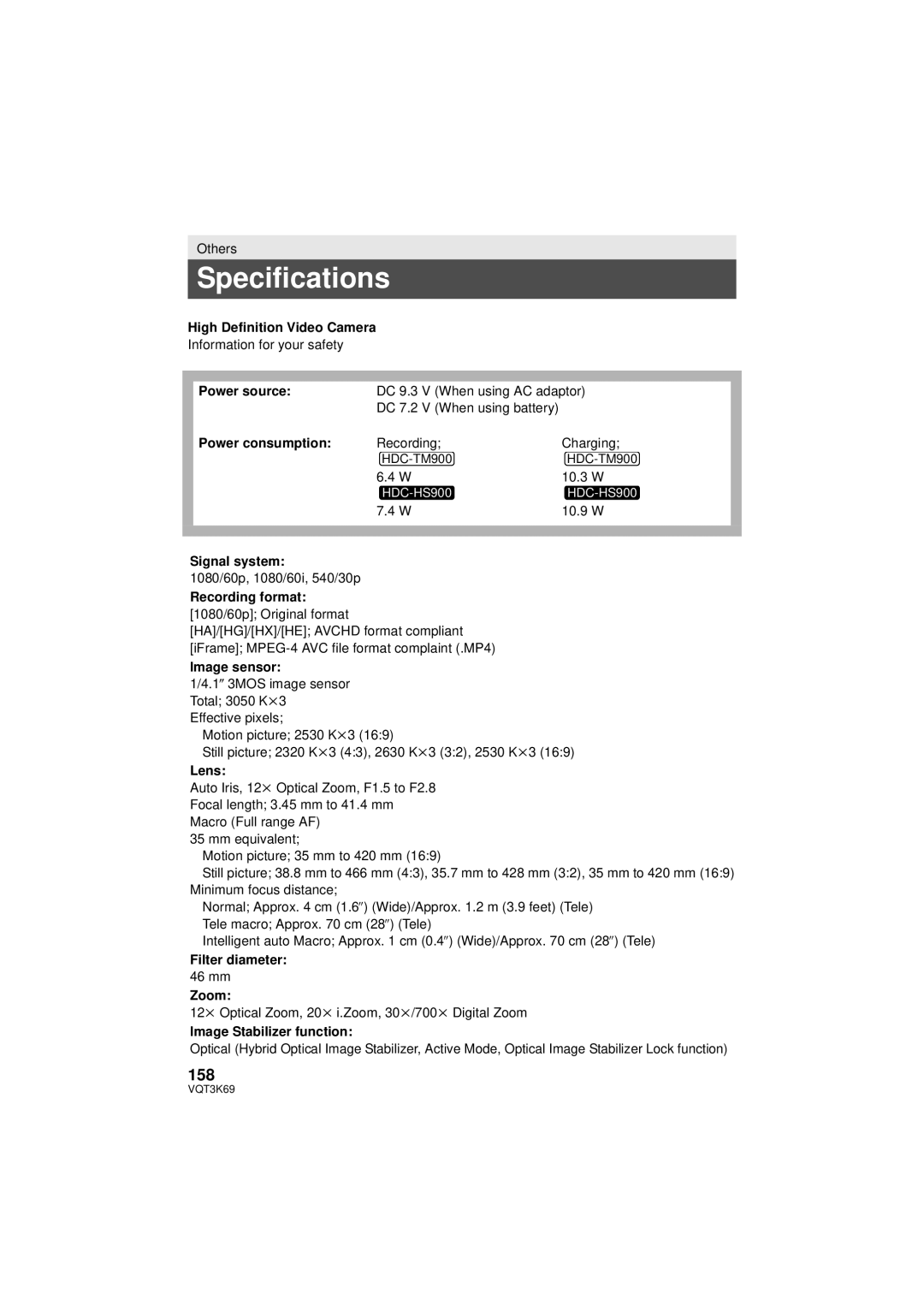 Panasonic HDC-HS900P/PC, HDC-TM900P/PC owner manual Specifications, 158 