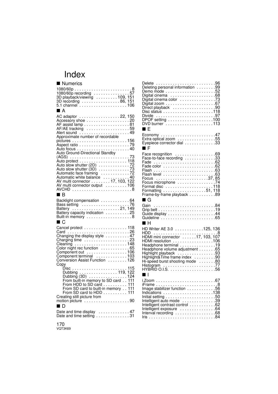 Panasonic HDC-HS900P/PC, HDC-TM900P/PC owner manual Numerics, 170, Date and time display Date and time setting 