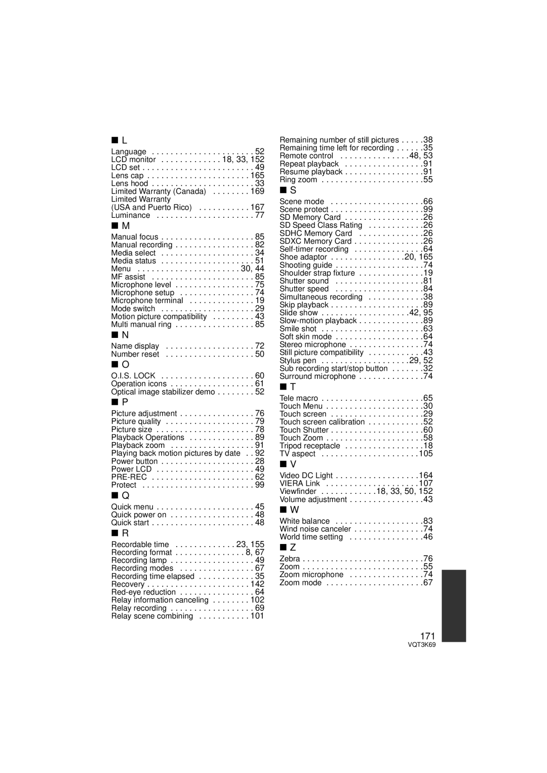 Panasonic HDC-TM900P/PC, HDC-HS900P/PC owner manual 171, USA and Puerto Rico Luminance 