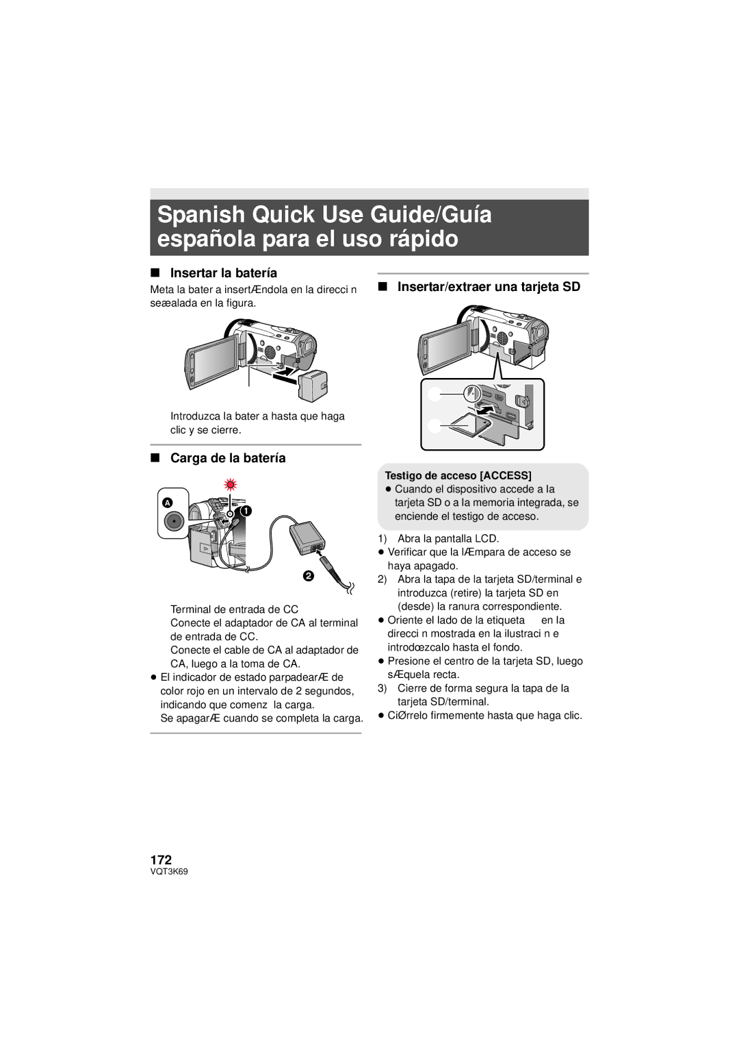 Panasonic HDC-HS900P/PC Spanish Quick Use Guide/Guía española para el uso rápido, Insertar la batería, Carga de la batería 