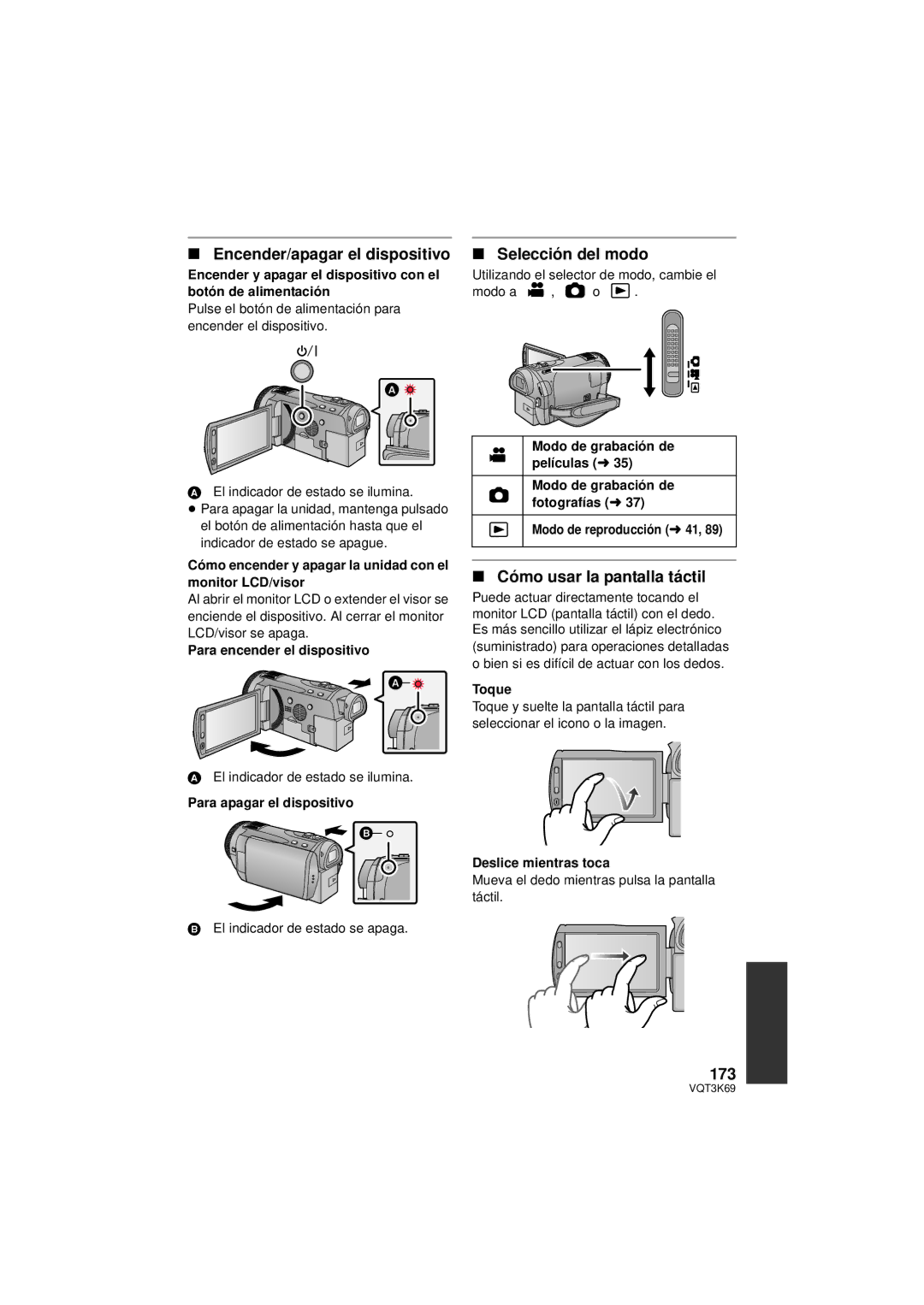 Panasonic HDC-TM900P/PC owner manual Encender/apagar el dispositivo, Selección del modo, Cómo usar la pantalla táctil, 173 