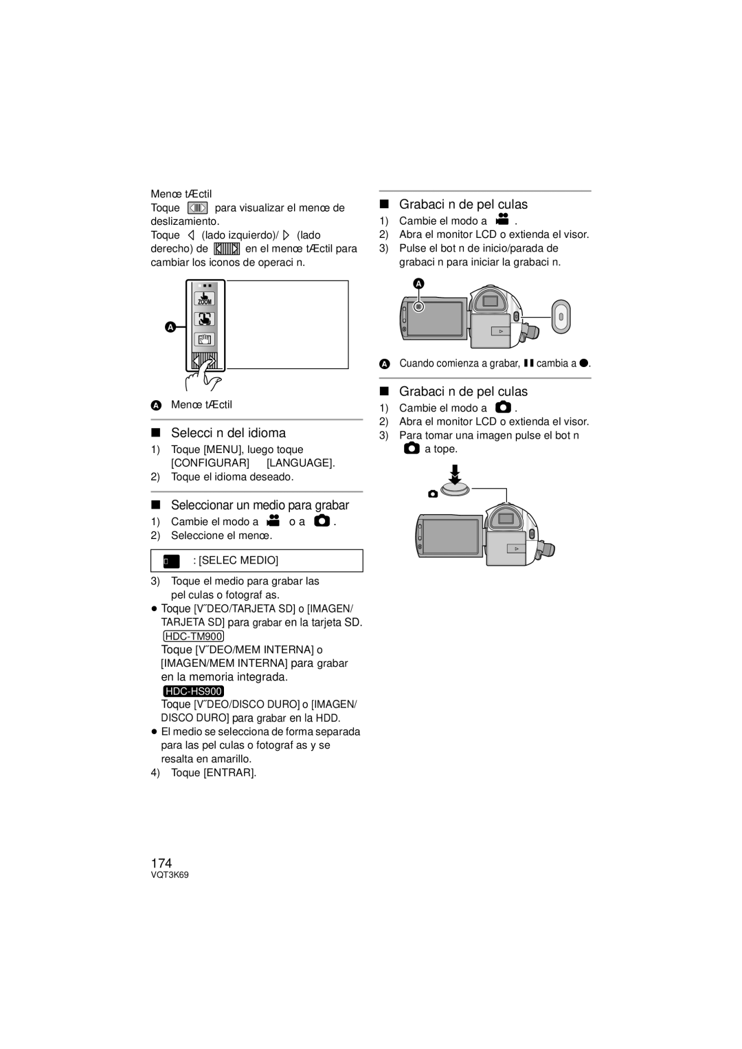 Panasonic HDC-HS900P/PC, HDC-TM900P/PC Selección del idioma, Grabación de películas, 174, Seleccionar un medio para grabar 