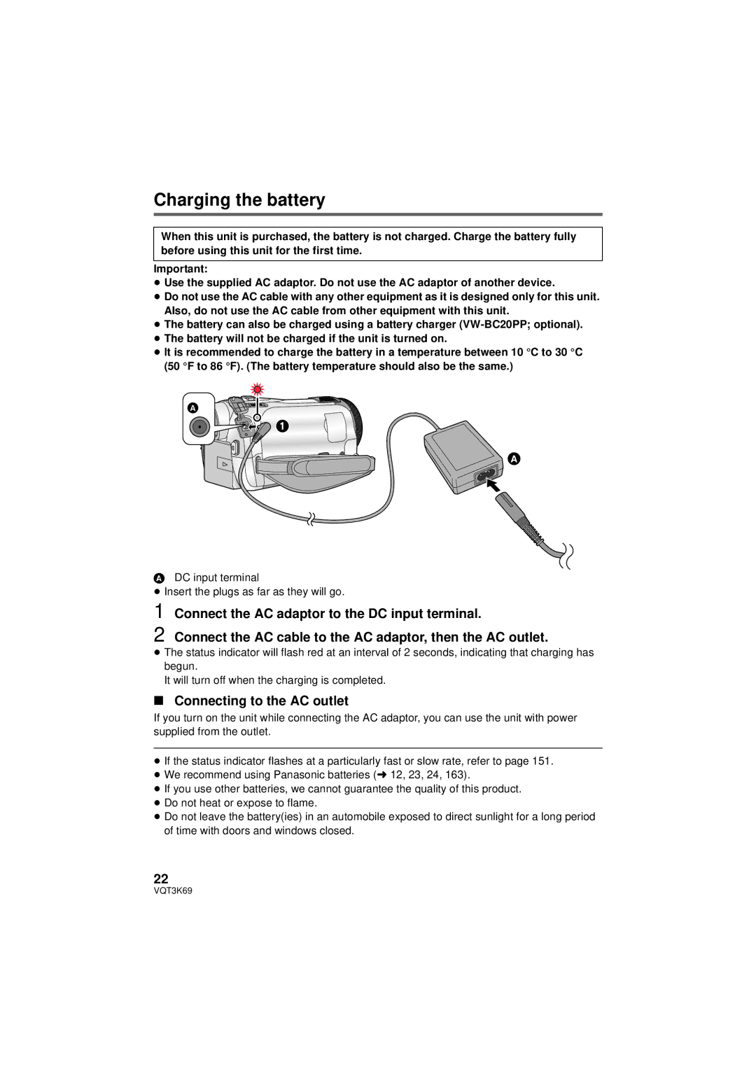 Panasonic HDC-HS900P/PC Charging the battery, Connect the AC adaptor to the DC input terminal, Connecting to the AC outlet 