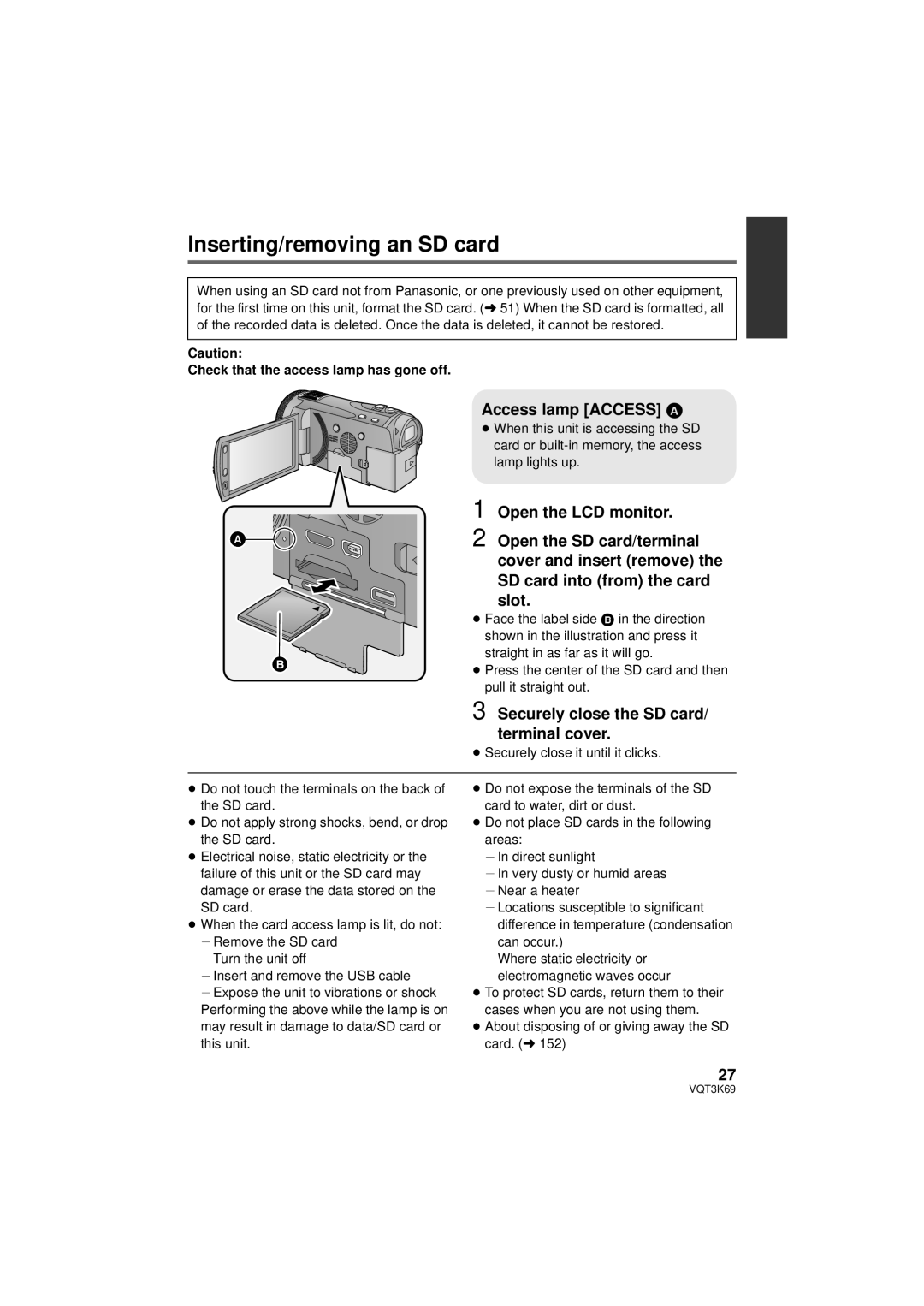 Panasonic HDC-TM900P/PC Inserting/removing an SD card, Access lamp Access a, Securely close the SD card/ terminal cover 