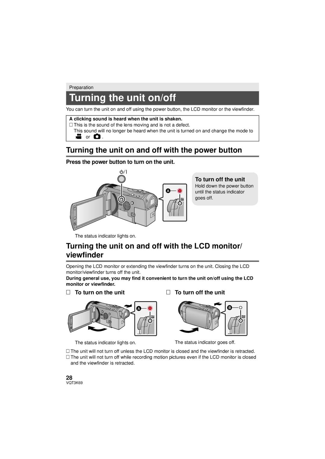 Panasonic HDC-HS900P/PC, HDC-TM900P/PC Turning the unit on/off, Turning the unit on and off with the power button 