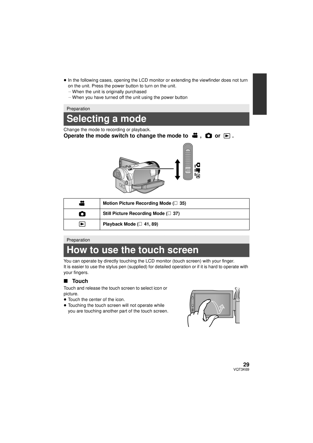 Panasonic HDC-TM900P/PC Selecting a mode, How to use the touch screen, Operate the mode switch to change the mode to , or 