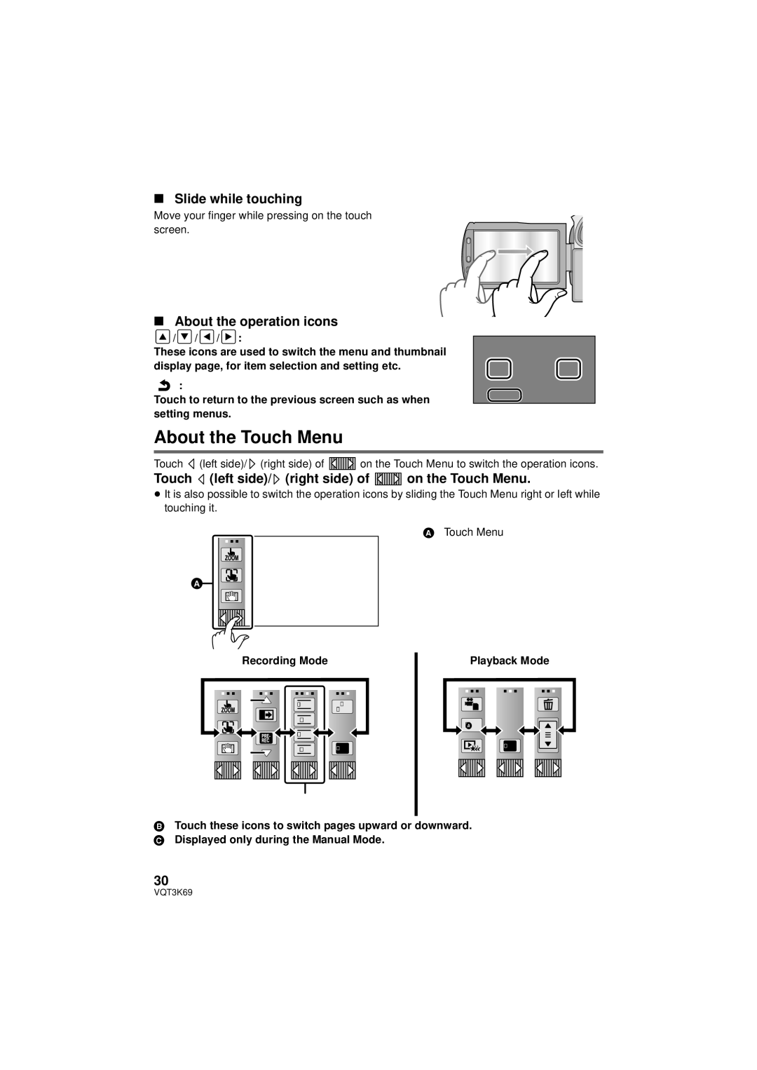 Panasonic HDC-HS900P/PC, HDC-TM900P/PC owner manual About the Touch Menu, Slide while touching, About the operation icons 