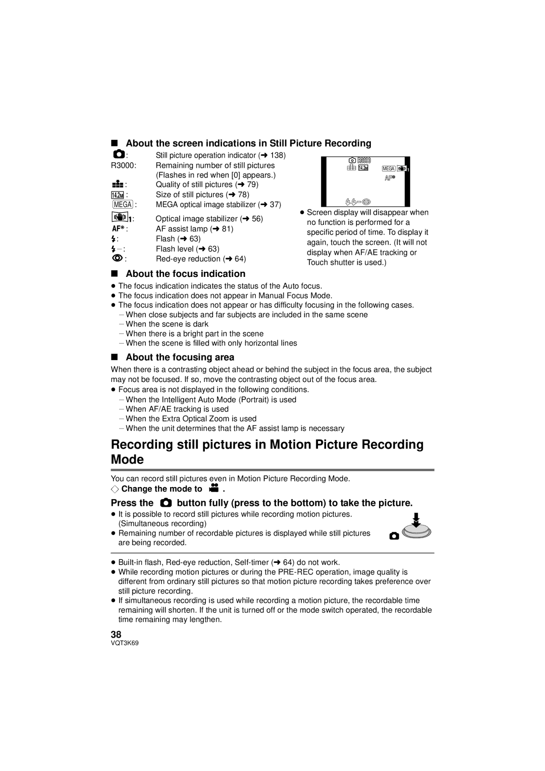 Panasonic HDC-HS900P/PC owner manual Recording still pictures in Motion Picture Recording Mode, About the focus indication 