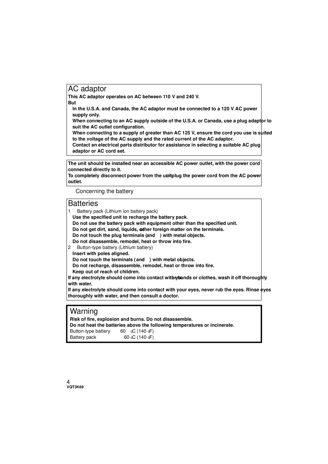 Panasonic HDC-HS900P/PC, HDC-TM900P/PC owner manual AC adaptor, Batteries, Concerning the battery 